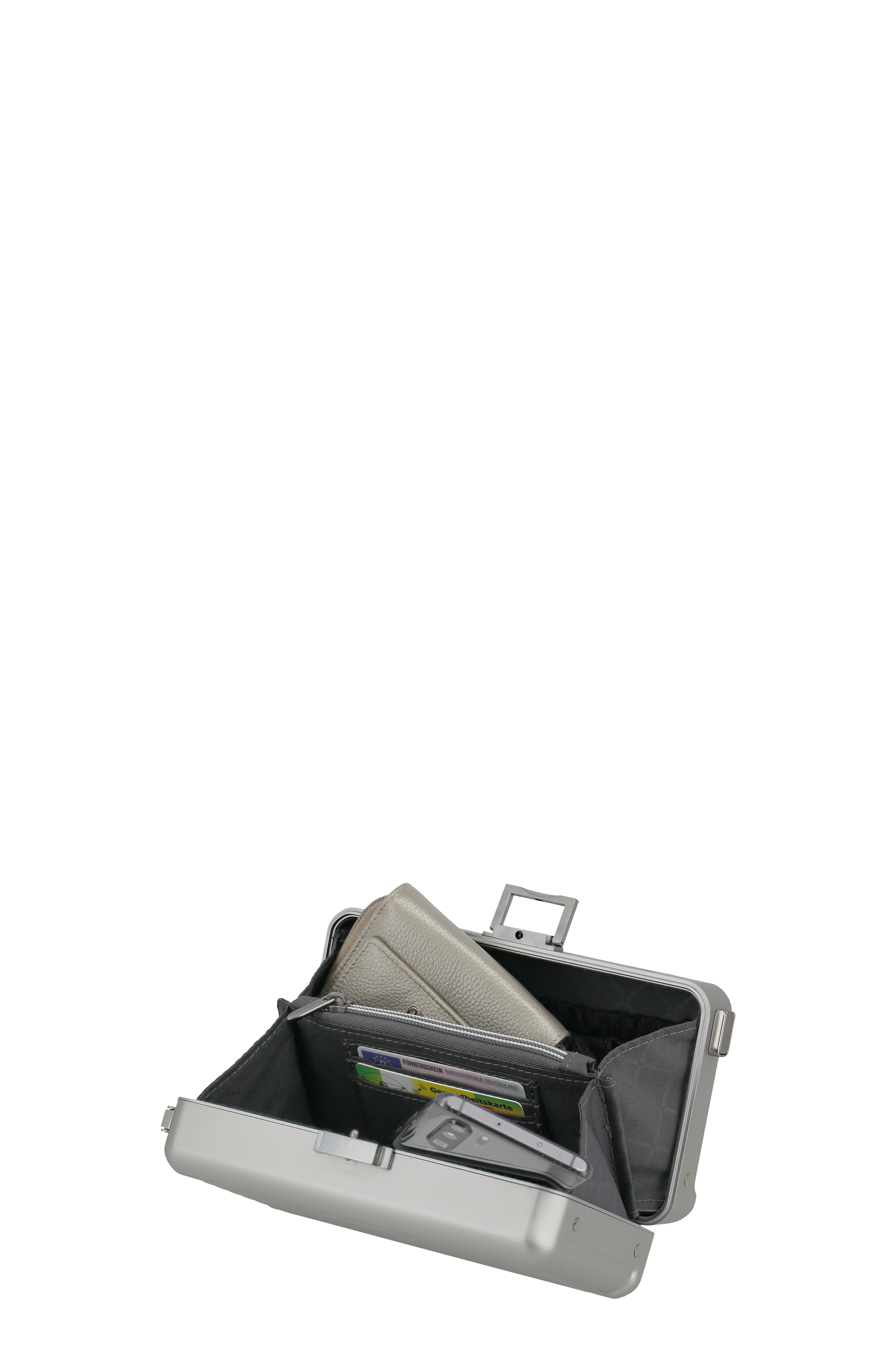 Metall-Geldkassette mit offenem Deckel, sichtbarem Portemonnaie, Smartphone und Kartenfächern