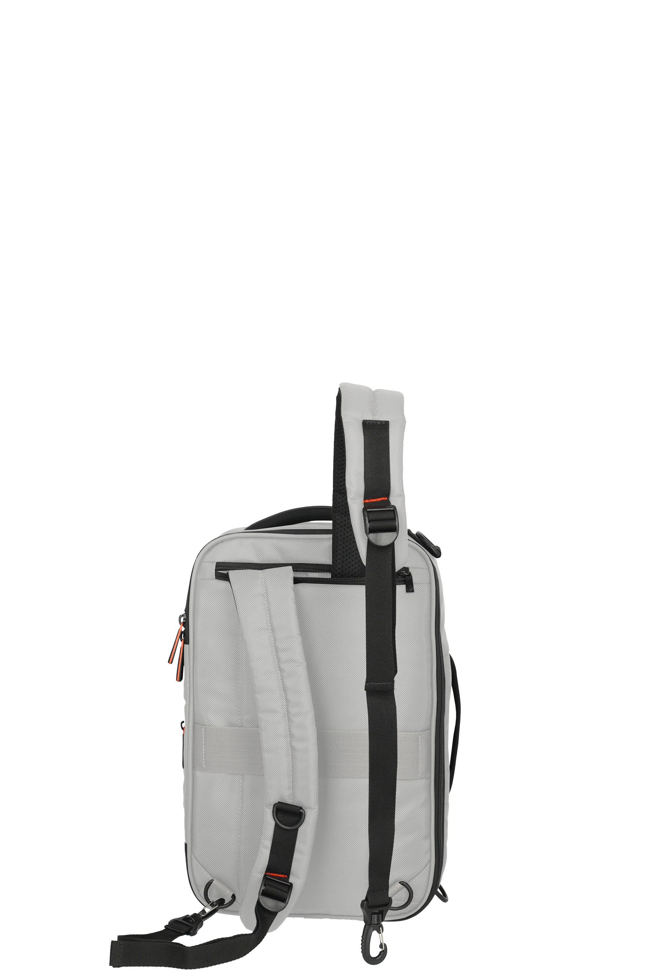 Rucksack in Grau mit schwarzem Tragegurt, Rückansicht