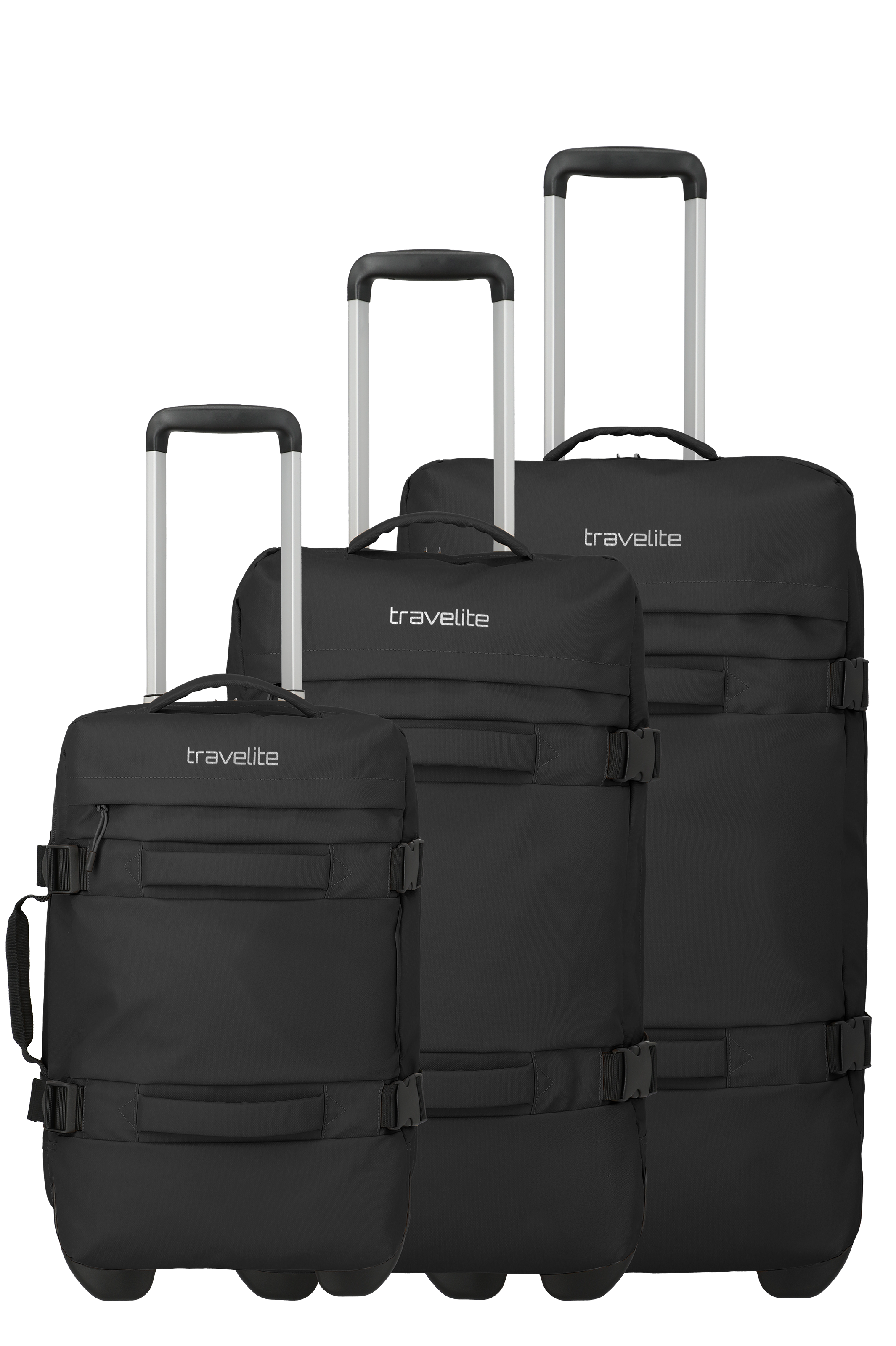 Tres trolleys negros sobre fondo negro. Cada una tiene un asa plateada extensible, un asa de transporte en la parte superior y correas con hebillas. "travelite" está escrito en blanco en cada una de ellas.