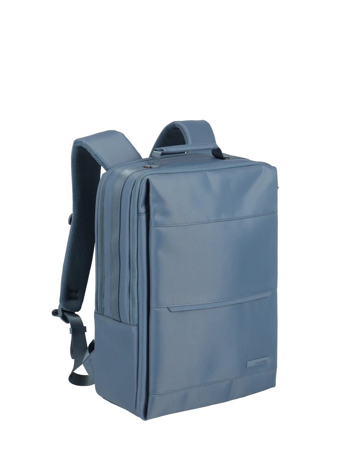 Moderner blauer Rucksack mit rechteckigem Design, ideal für Arbeit und Freizeit Rechteckiger, blauer Rucksack mit gepolsterten Schultergurten und mehreren Fächern, geeignet für Alltag und Beruf