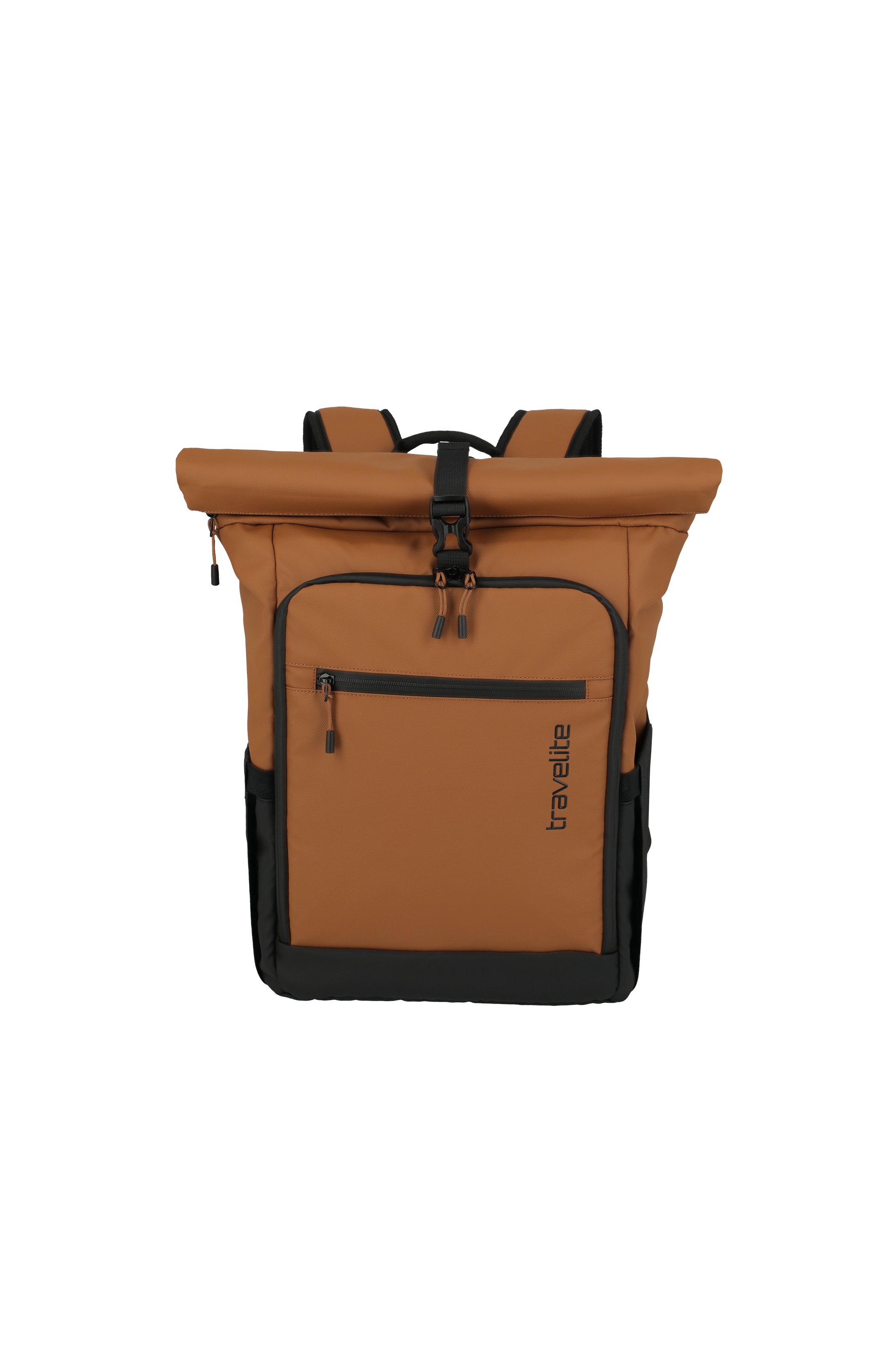 Brauner Travelite Rucksack mit Rolltop-Verschluss, Fronttasche und schwarzem Boden – ideal für Alltag, Reisen oder Freizeit