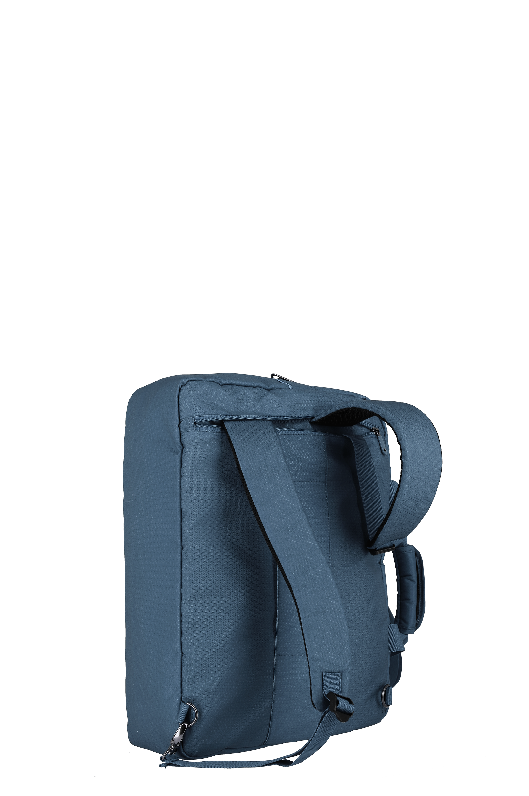 Seitliche Ansicht eines blauen Rucksacks mit gepolsterten Trägern