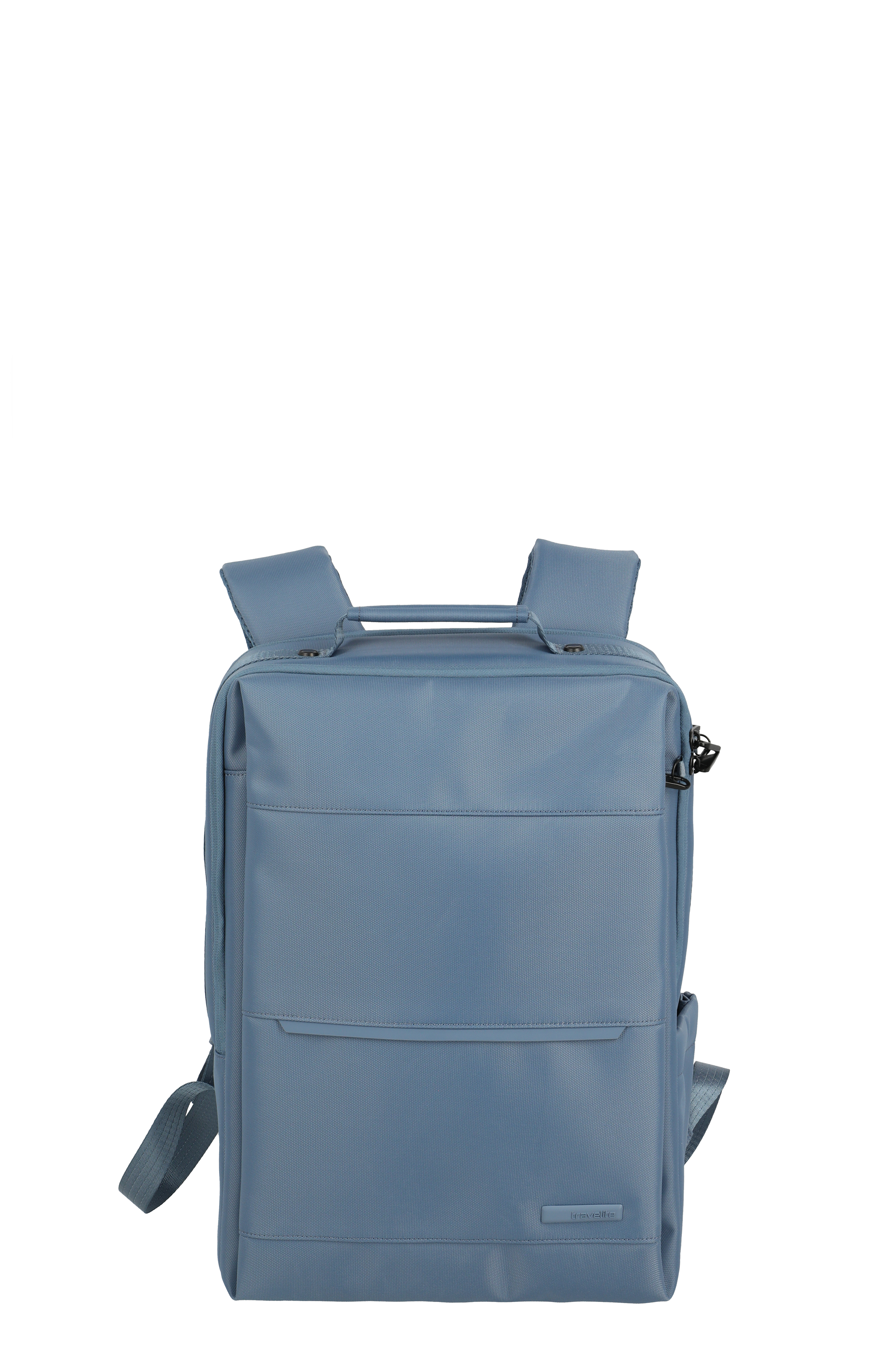 Zaino azzurro dal design semplice, con tasca frontale e spallacci regolabili, adatto all'uso quotidiano, a scuola o in viaggio