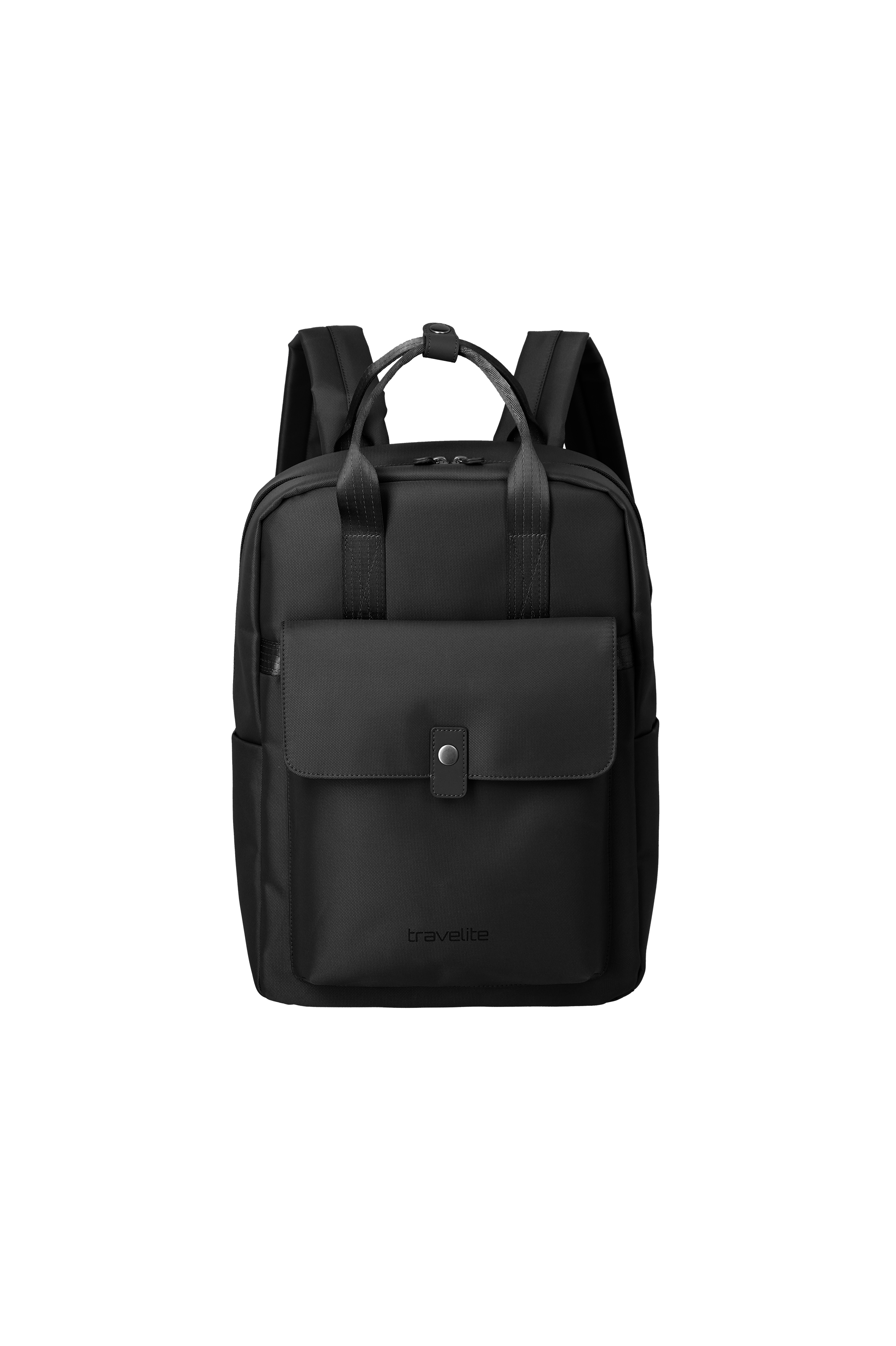 A black rucksack stands against a white background. The rucksack has shoulder straps, a carrying handle and a rectangular front pocket with a button fastening. The brand name is printed on the bag.