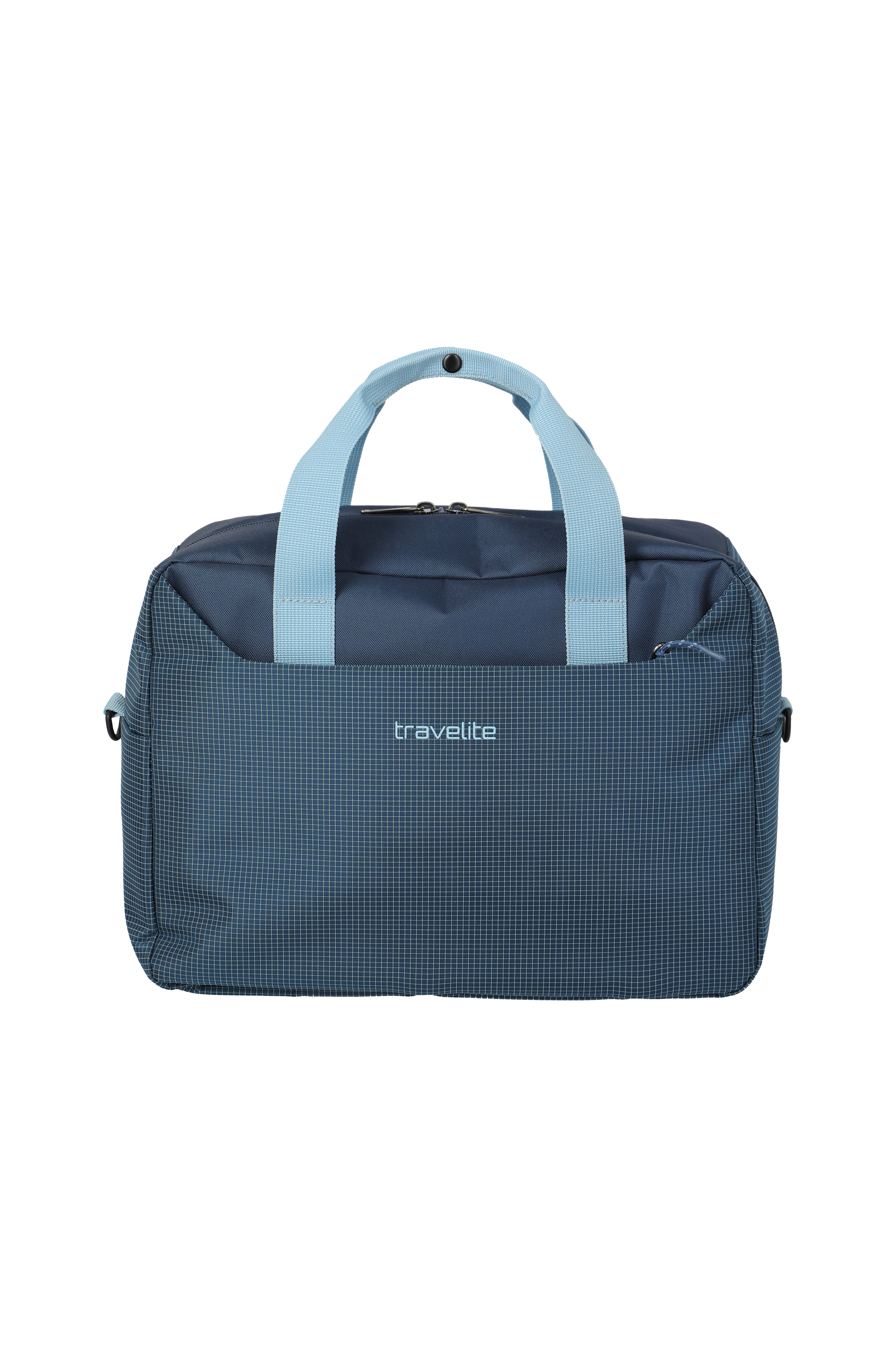 Eine dunkelblaue Reisetasche von Travelite vor schwarzem Hintergrund. Die Tasche hat hellblaue Tragegriffe und ein quadratisches Gittermuster auf der unteren Hälfte. Das Travelite-Logo ist mittig aufgedruckt. Der Reißverschluss ist oben sichtbar.
