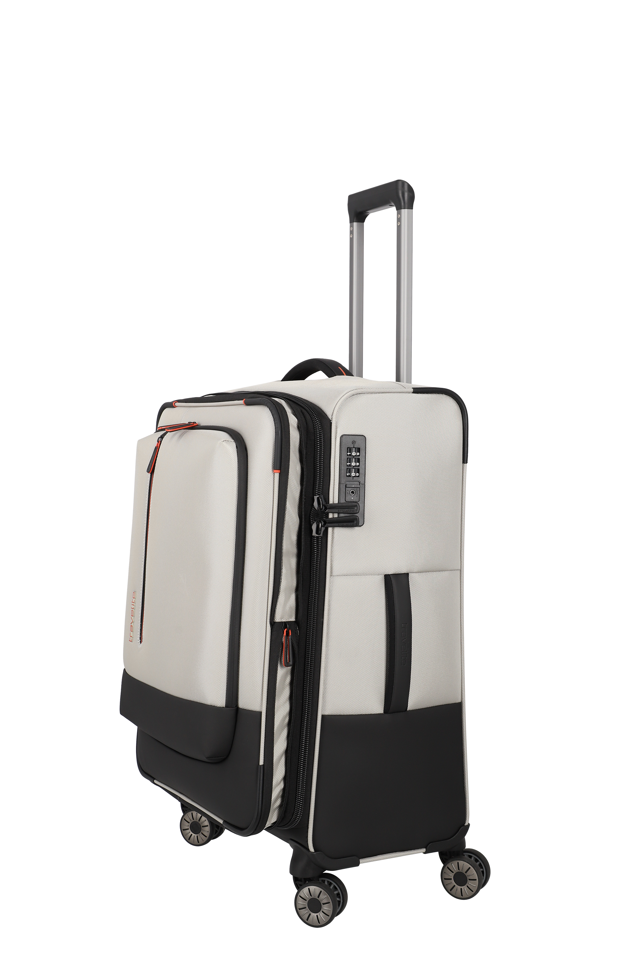 Moderner, robuster Trolley-Koffer in Beige mit schwarzen Akzenten und Zahlenschloss