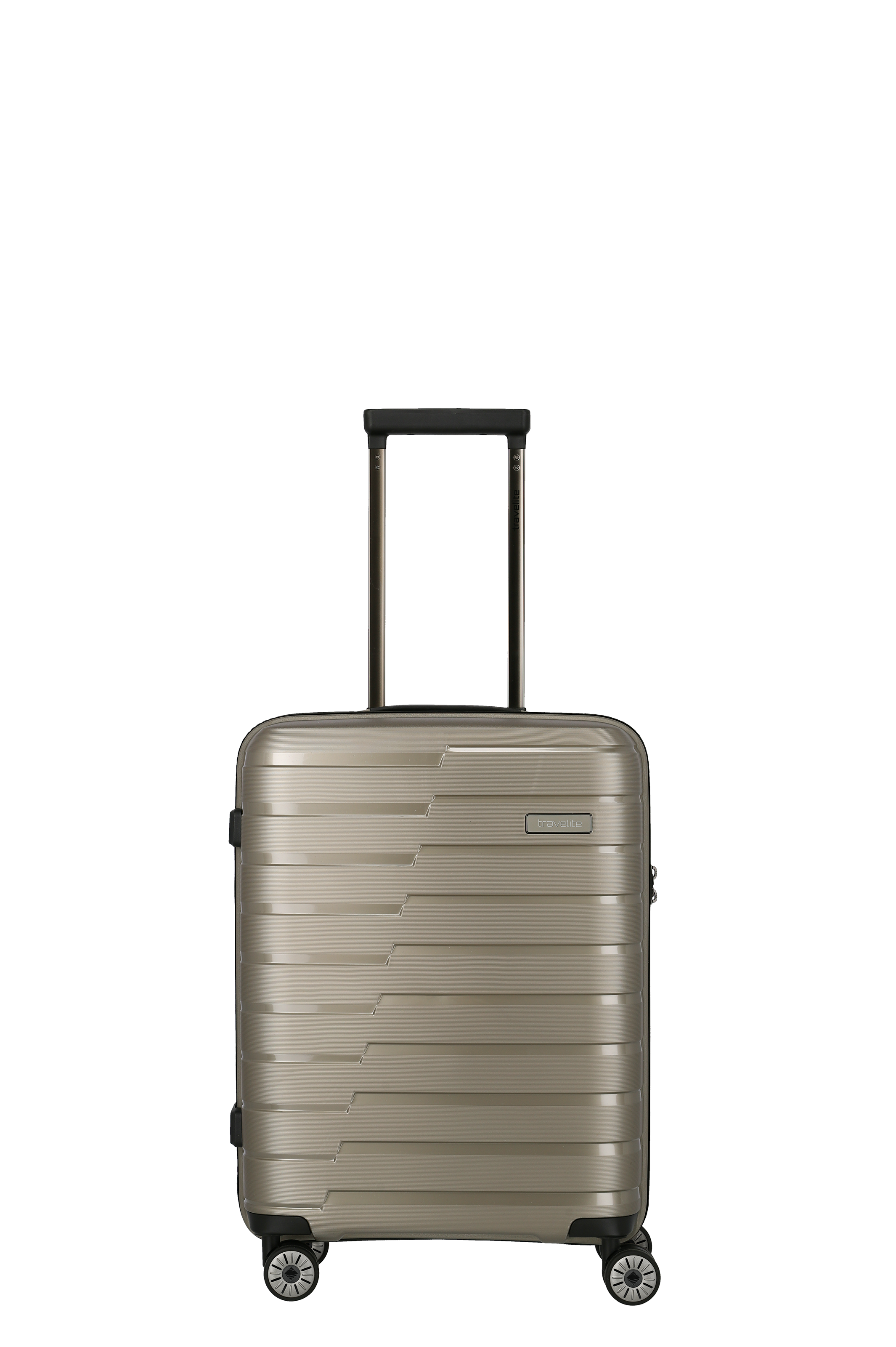 Leichter Hartschalenkoffer in Champagnerfarbe mit Teleskopgriff und vier Rollen für komfortables Reisen Moderner, champagnerfarbener Trolley aus Hartschale mit ausziehbarem Griff und vier leichtgängigen Rollen