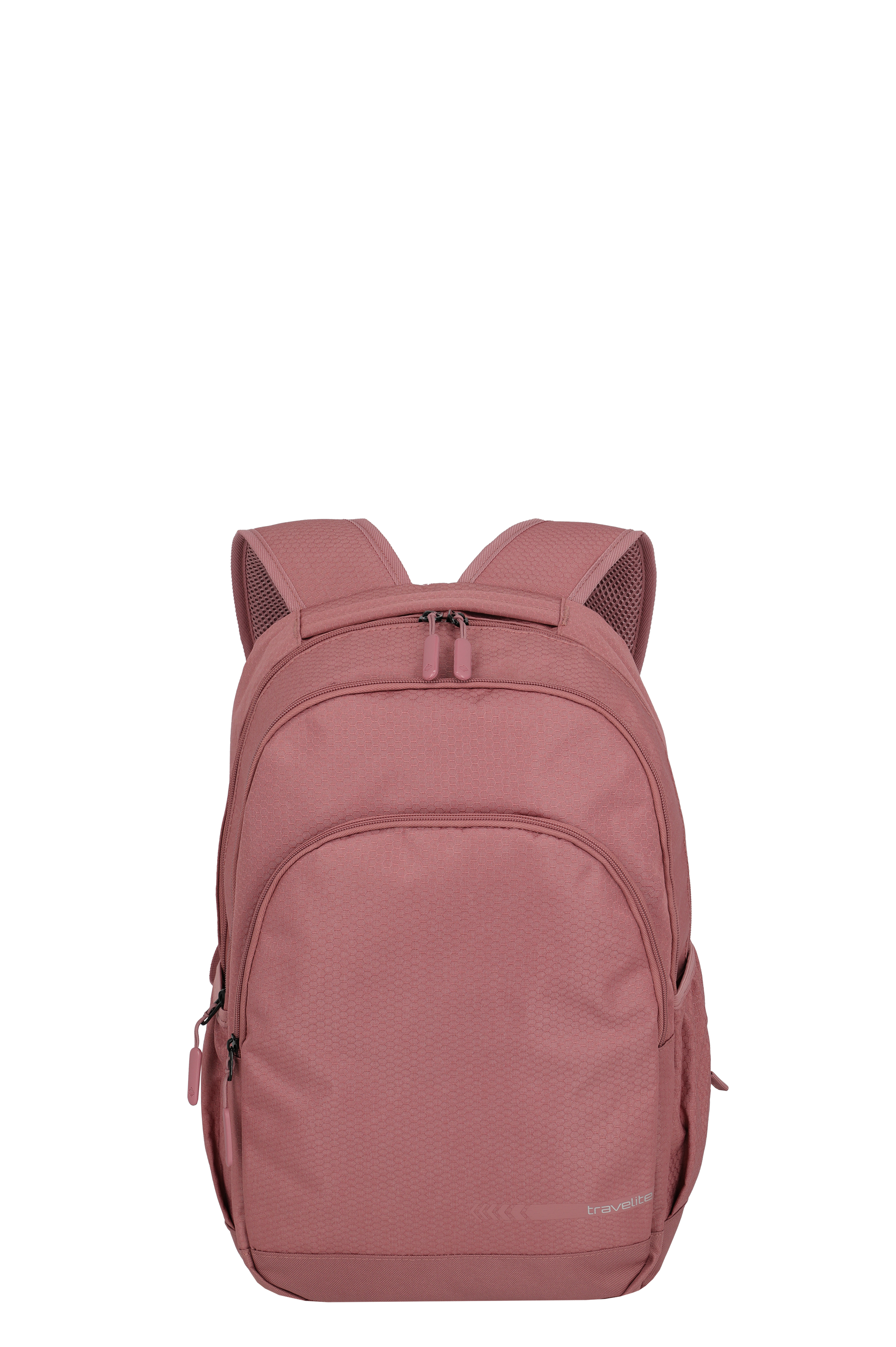 Frontansicht eines rosafarbenen TRAVELITE Rucksacks Größe L vor schwarzem Hintergrund. Er hat zwei gepolsterte Träger, ein großes Hauptfach und eine kleinere Vordertasche, beide mit Reißverschluss. Das TRAVELITE-Logo ist dezent unten zu sehen.