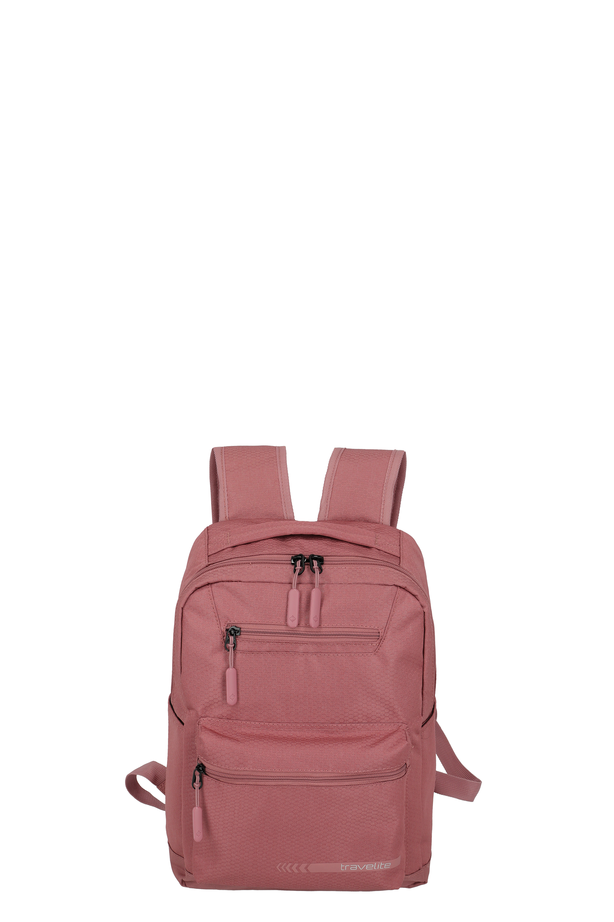 Ein mittelgroßer, rosafarbener TRAVELITE Rucksack. Der Rucksack hat zwei Schultergurte, mehrere Reißverschlusstaschen auf der Vorderseite und das TRAVELITE Logo ist unten rechts aufgedruckt. Die Textur des Rucksacks ist leicht rau.
