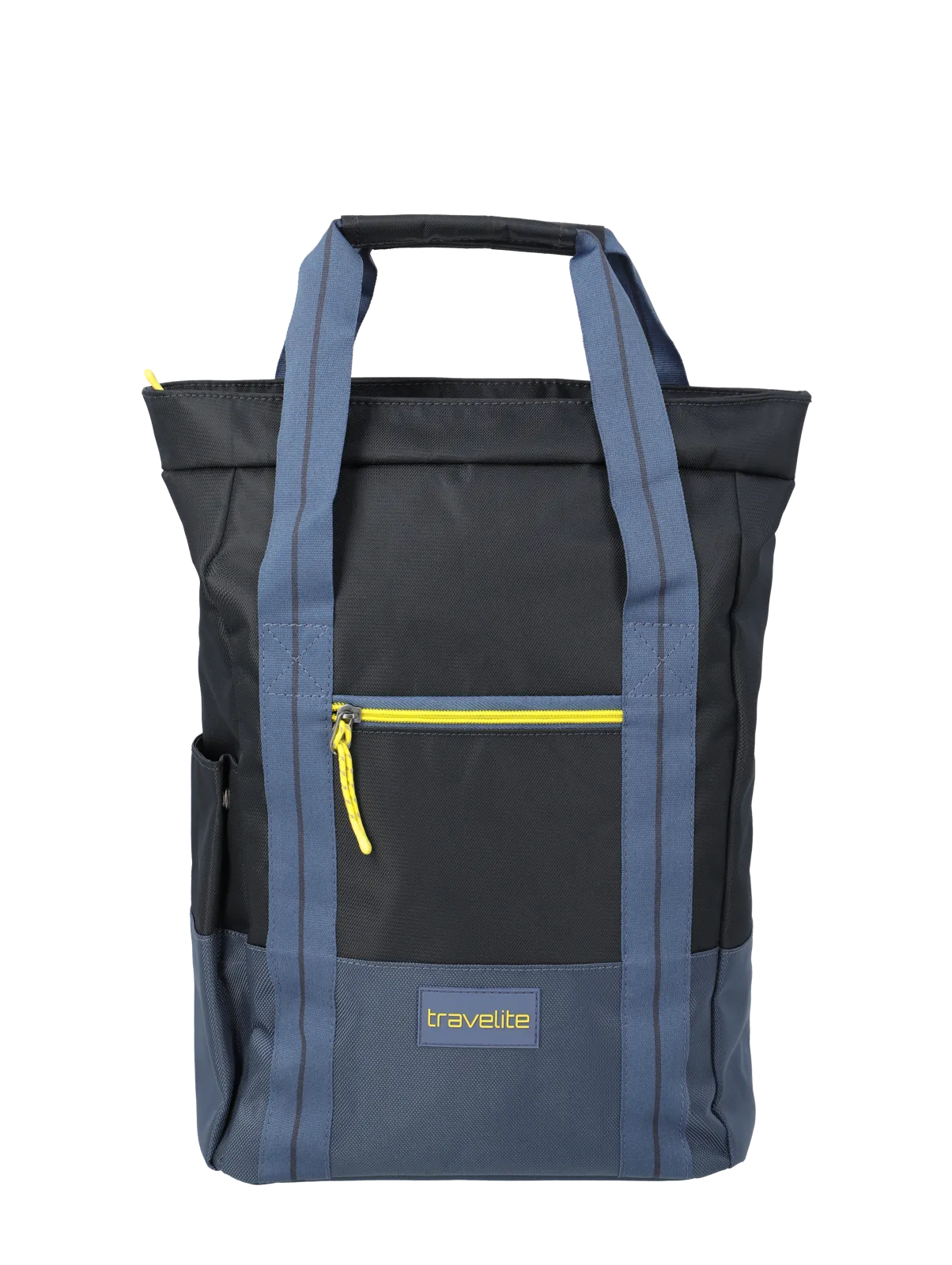 travelite Rucksack in Schwarz und Blau mit gelbem Reißverschluss, praktische Alltagstasche Moderner travelite Rucksack in Schwarz und Blau mit gelbem Reißverschluss und Fronttasche, ideal für Alltag und Reisen