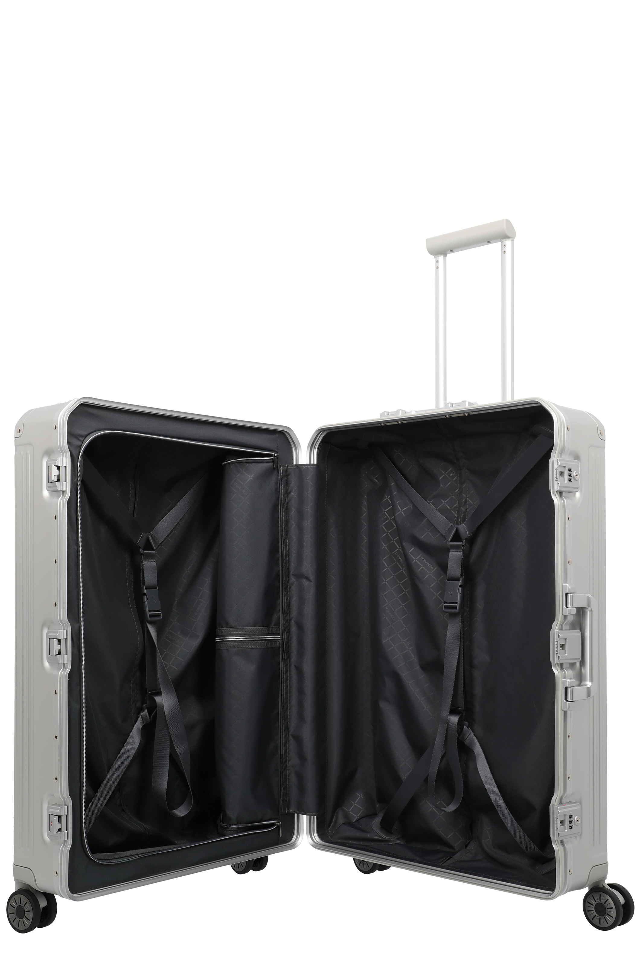 Großer, geöffneter silberner Hartschalenkoffer mit Fächern und Spanngurten