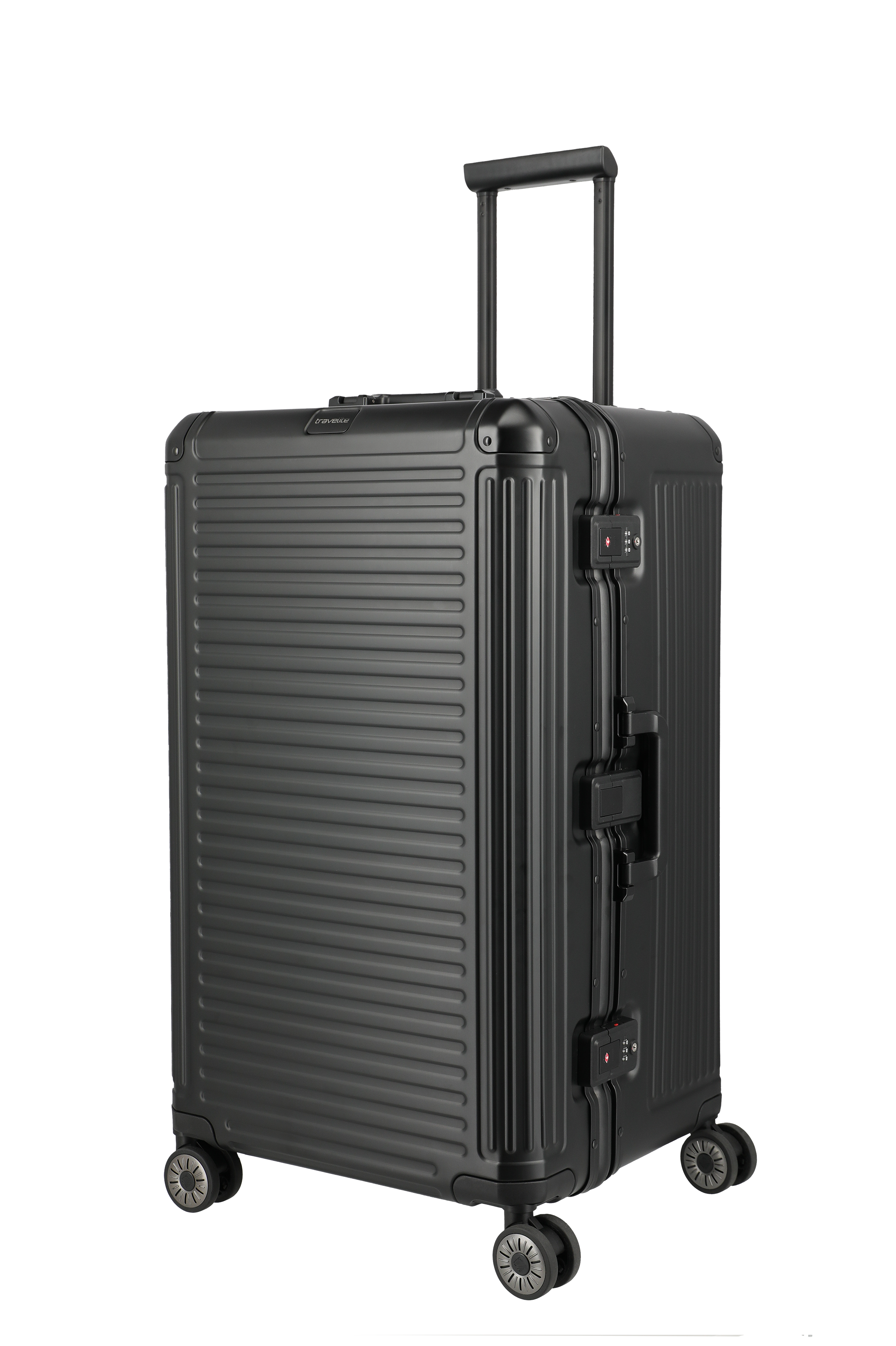 Hochwertiger schwarzer Hartschalenkoffer mit vier Rollen und Teleskopgriff