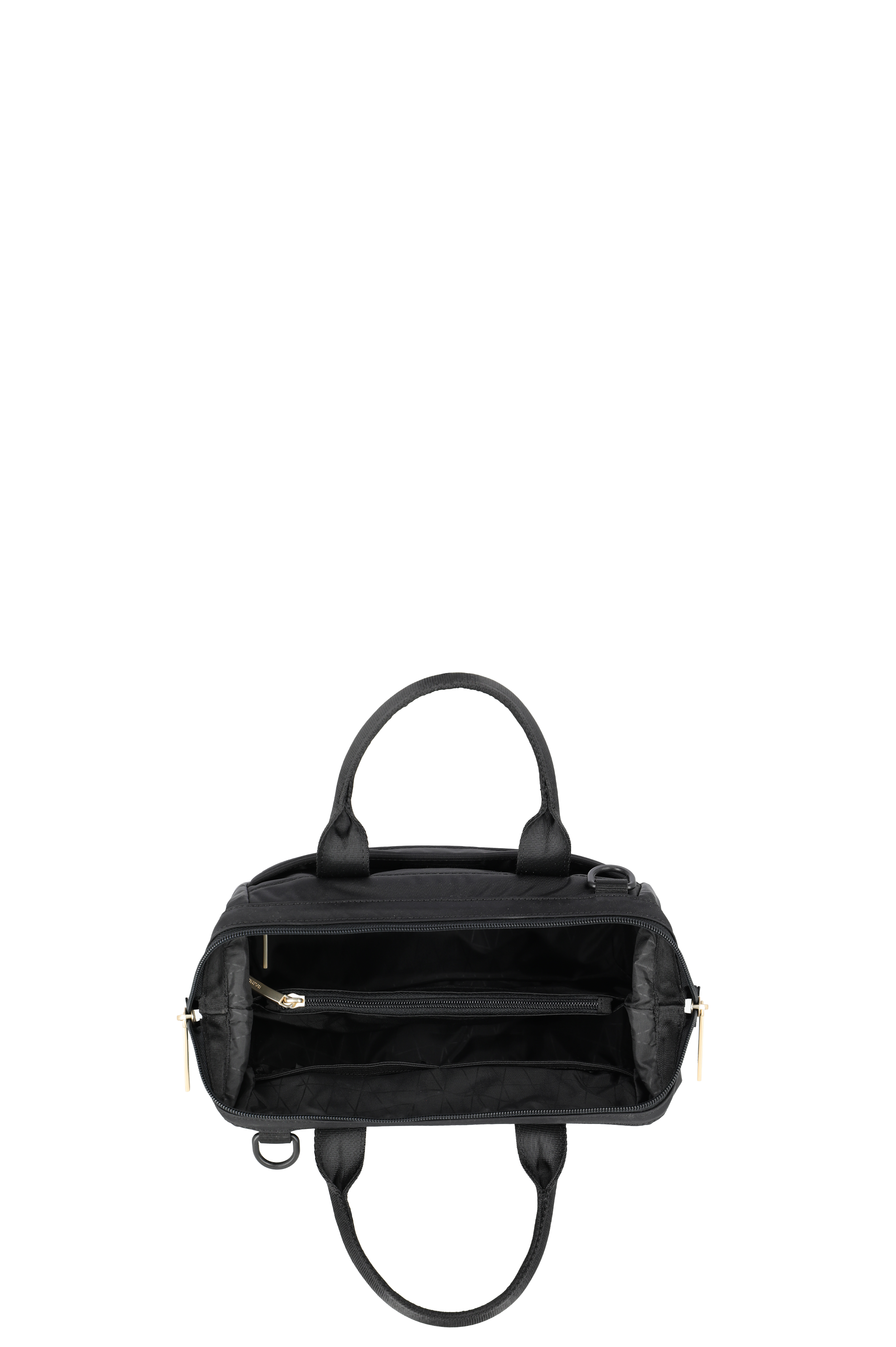 Schwarze Handtasche mit geöffnetem Reißverschluss und Innenfächern – Draufsicht