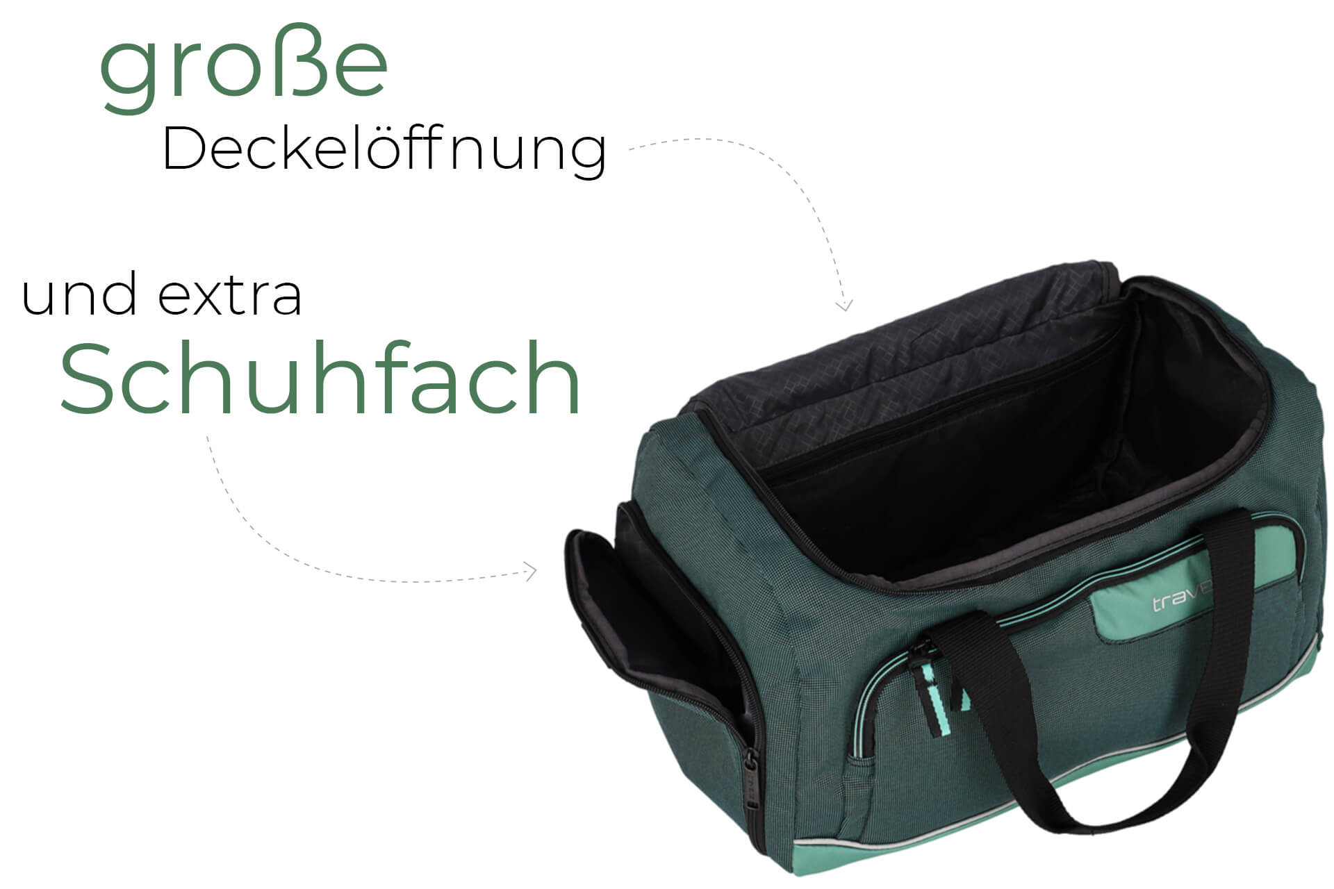 eukalyptus Viia Reisetasche geöffnet von travelite mit extra Schuhfach