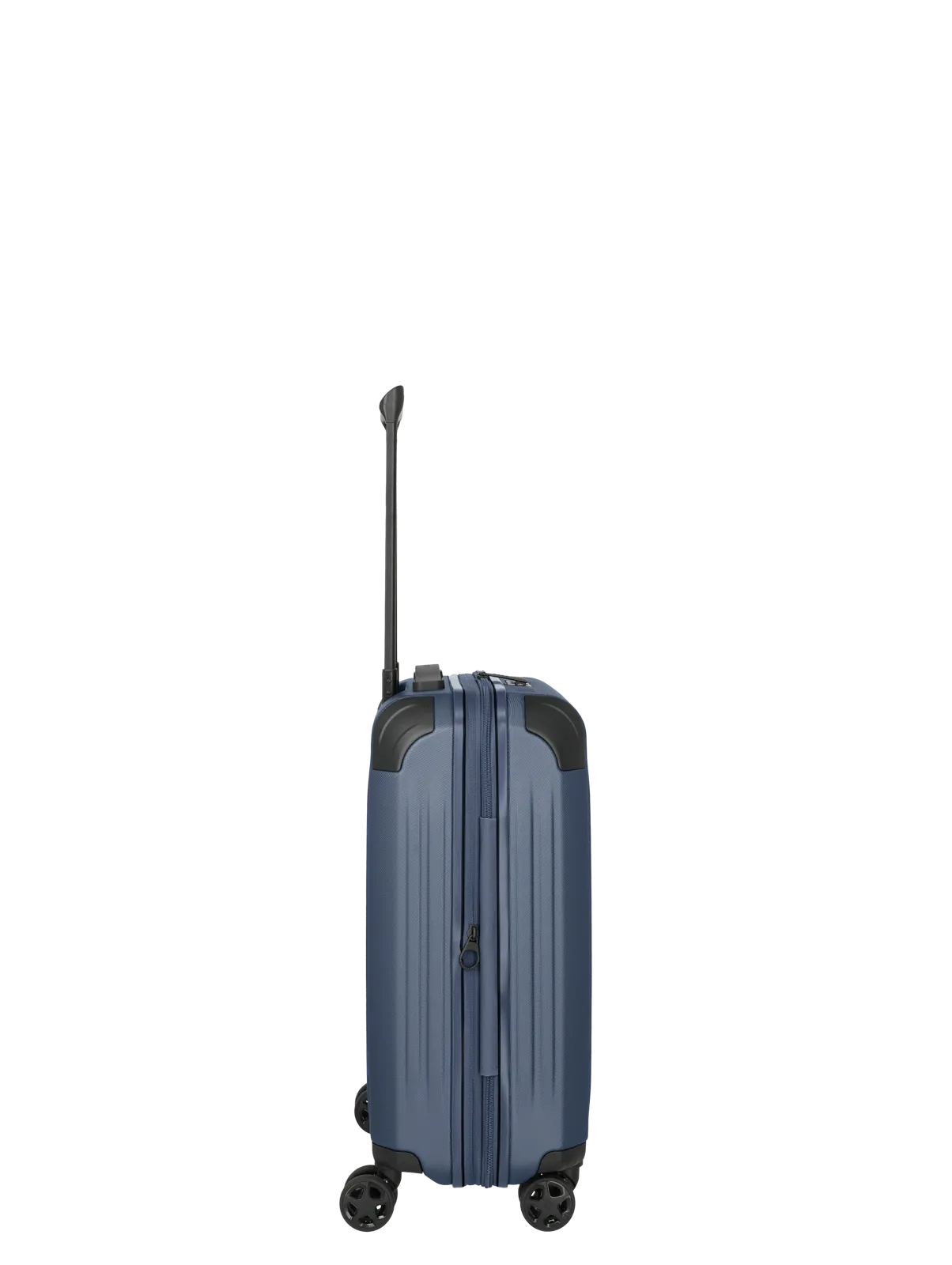 Blauer Hartschalen-Trolley mit vier Rollen, Seitenansicht, stabil und leicht, ideal für Reisen