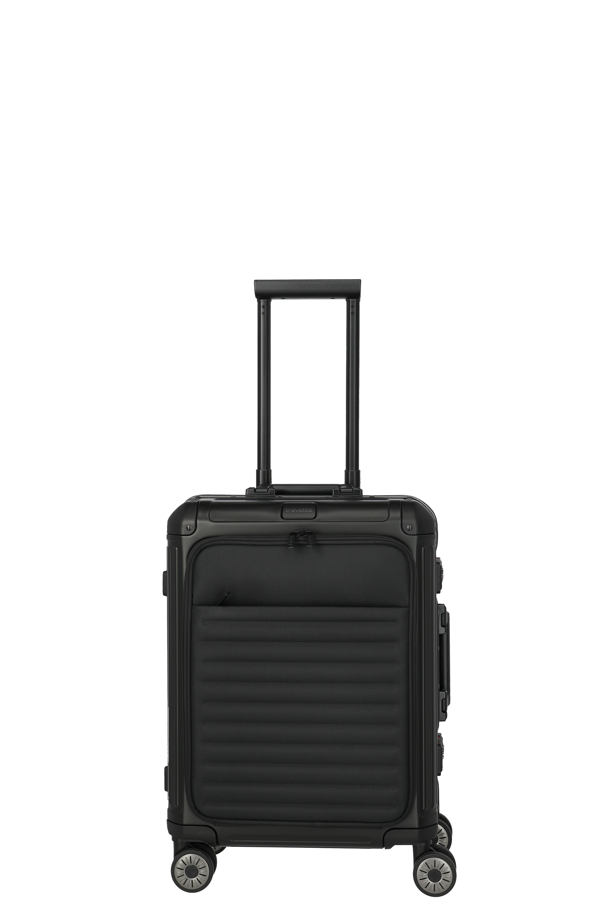 Valise cabine noire moderne avec poche frontale, poignée télescopique et quatre roulettes faciles à manœuvrer