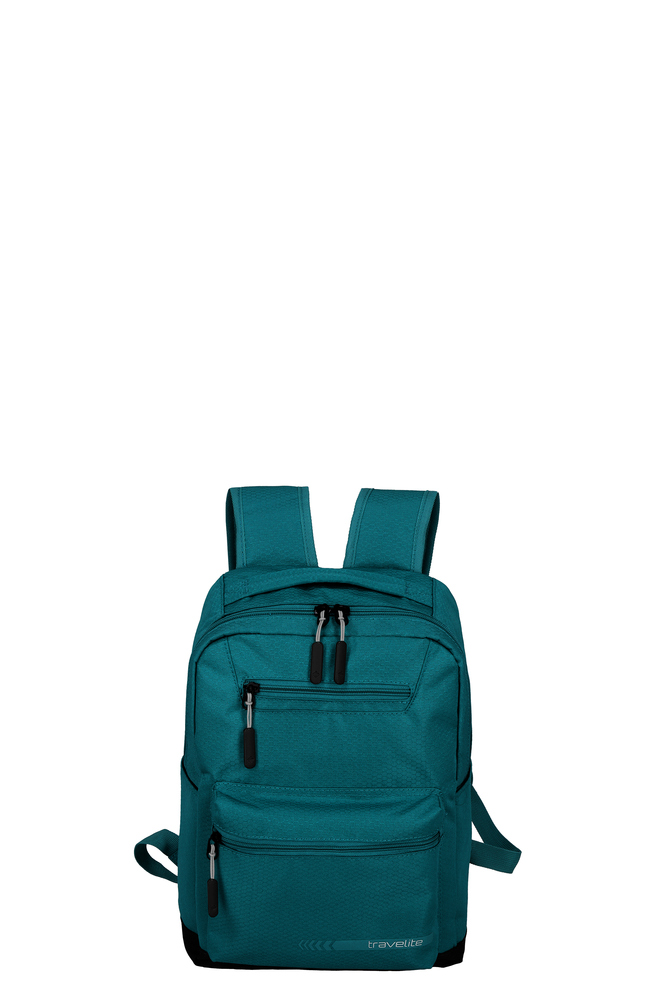 Ein türkisfarbener TRAVELITE Rucksack M ist vor einem schwarzen Hintergrund zu sehen. Der Rucksack hat mehrere Fächer mit Reißverschlüssen. Die Tragegurte sind ebenfalls in Türkis gehalten. Am unteren Ende ist der Markenname TRAVELITE zu erkennen.