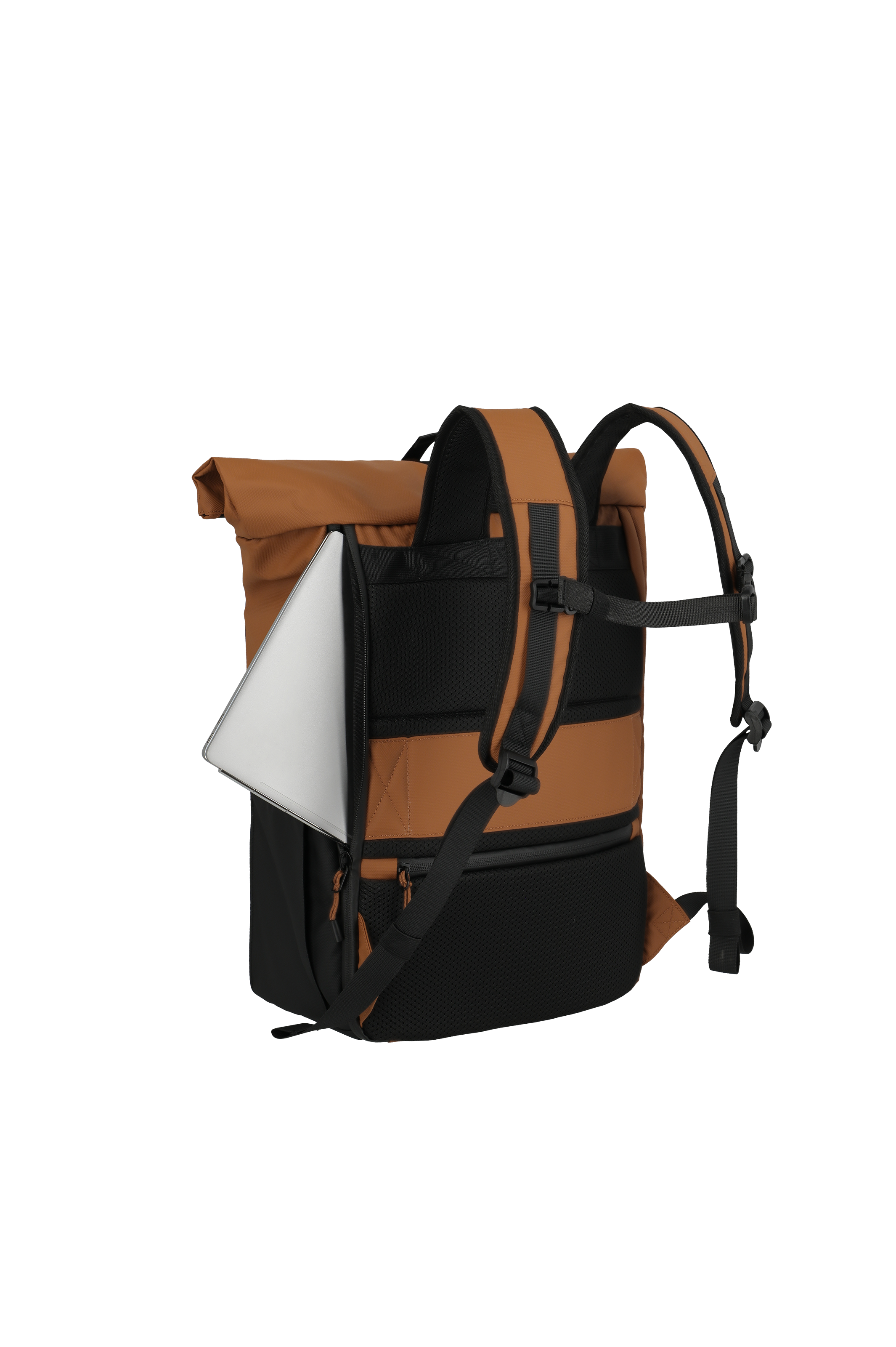 Moderner braun-schwarzer Rolltop-Rucksack mit ergonomischen Schultergurten und seitlichem Reflektor