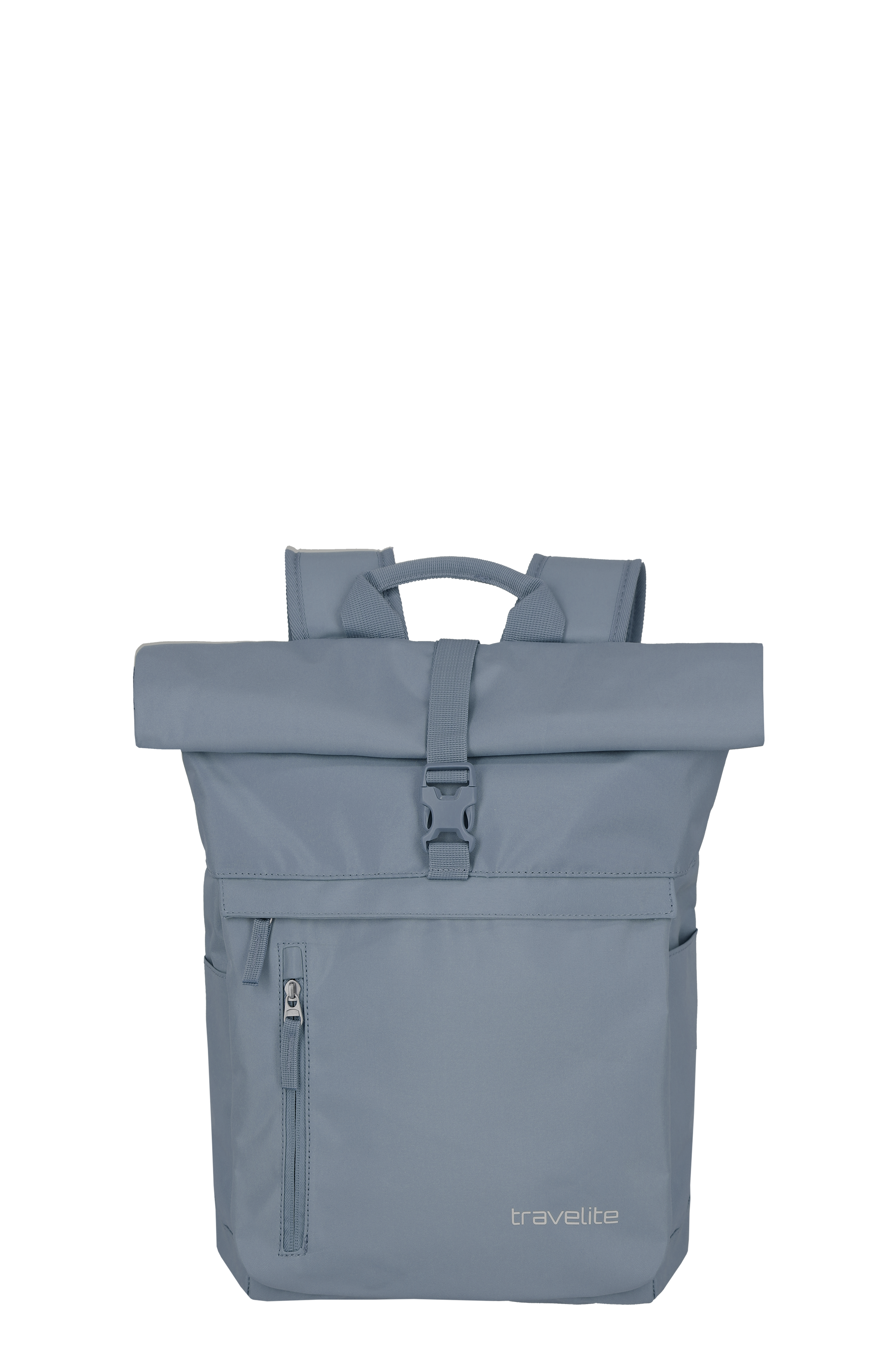 Front view of a grey TRAVELITE roll-up backpack with rolled closure at the top, secured with a strap and clip. Underneath is a patch pocket with zip and the TRAVELITE logo. Carrying straps are recognisable.