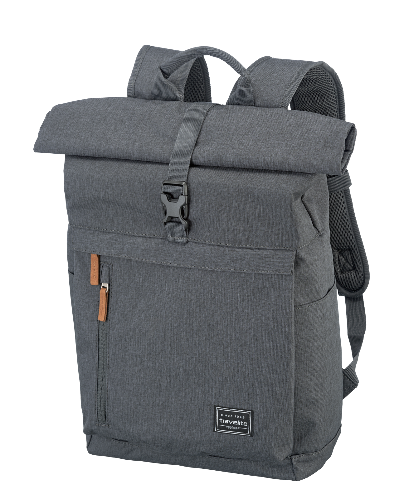 Grauer Rolltop-Rucksack mit Schnallenverschluss und Vordertasche