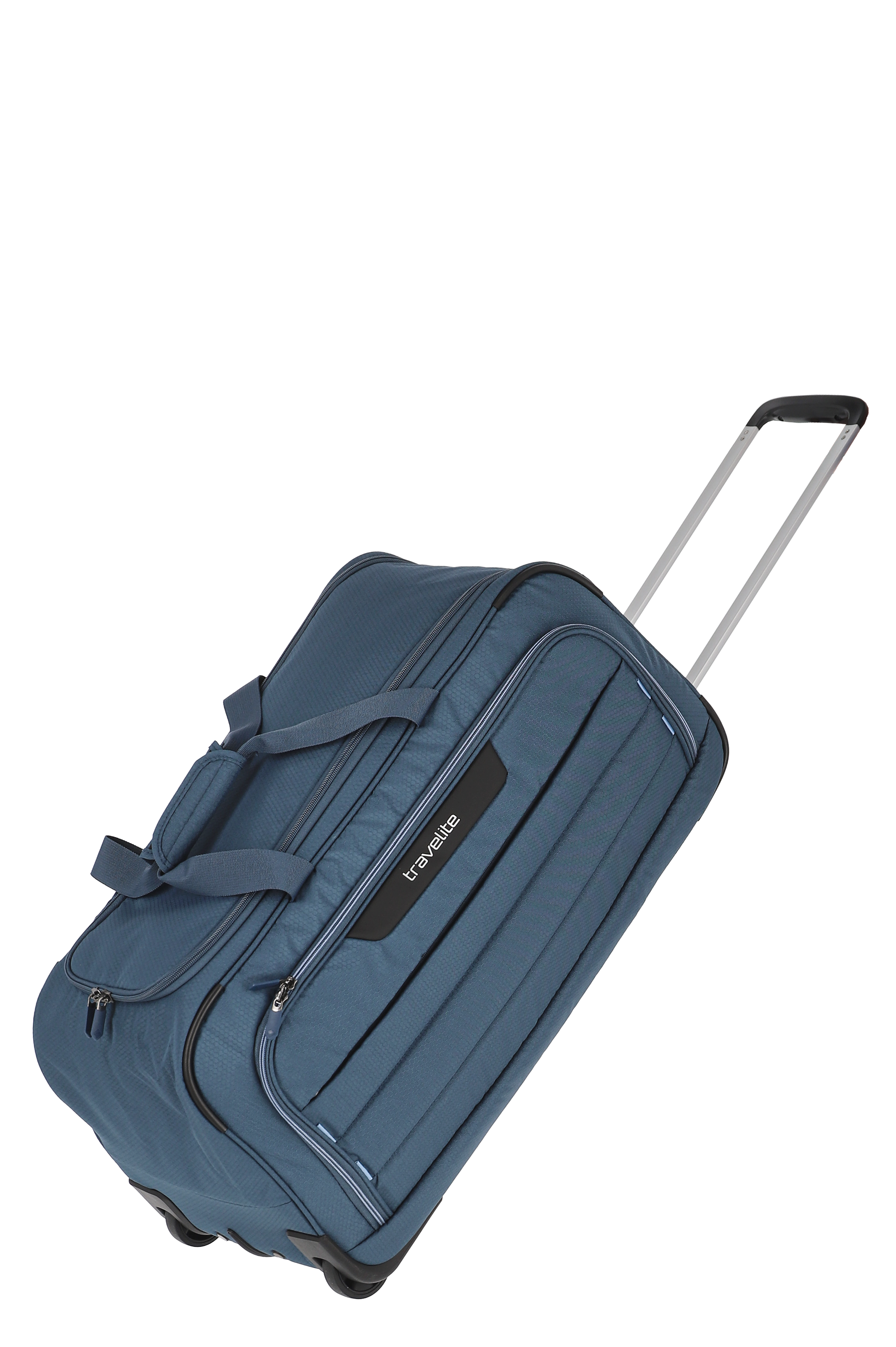 Blaue Reisetasche mit Rollen und ausziehbarem Teleskopgriff von travelite, ideal für Reisen
