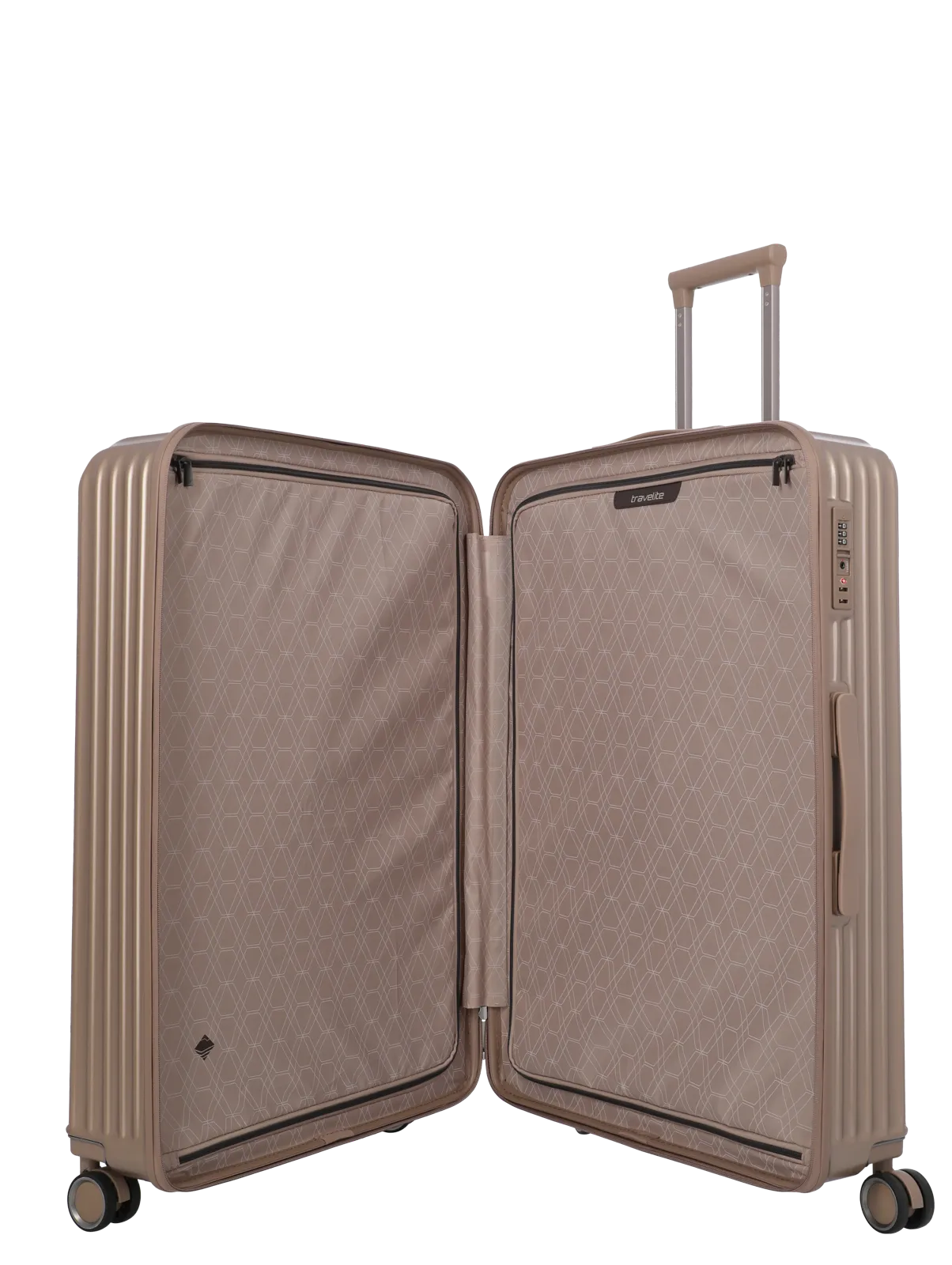 Großer, geöffneter Hartschalenkoffer in Beige mit Innenfächern und Teleskopgriff