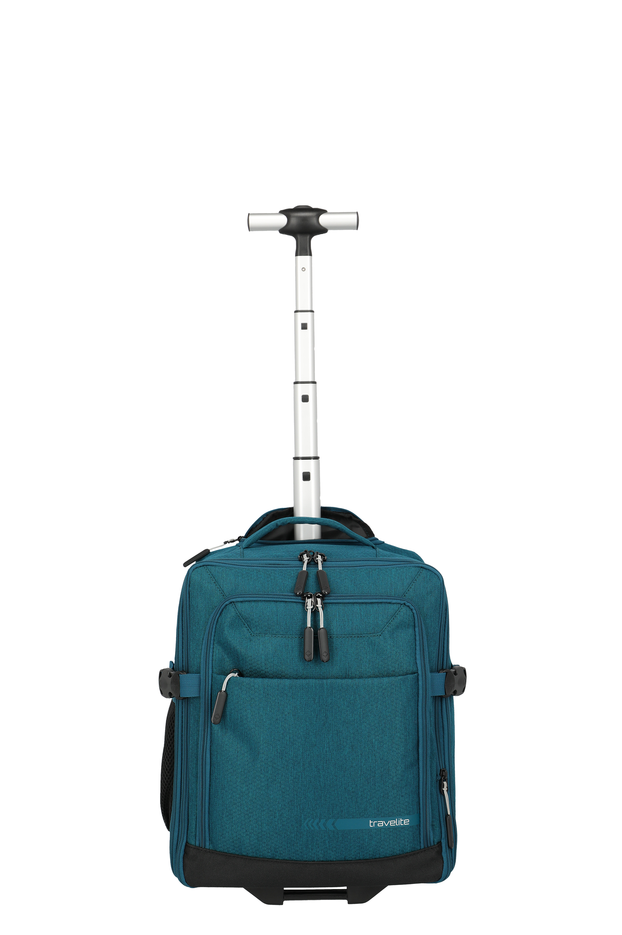 Ein türkisblauer Trolley-Rucksack mit einem silberfarbenen, ausziehbaren Griff vor einem schwarzen Hintergrund. Der Rucksack hat eine Vordertasche mit Reißverschluss und Tragegriffe oben. Unten befinden sich kleine Räder und der Schriftzug "travelite".