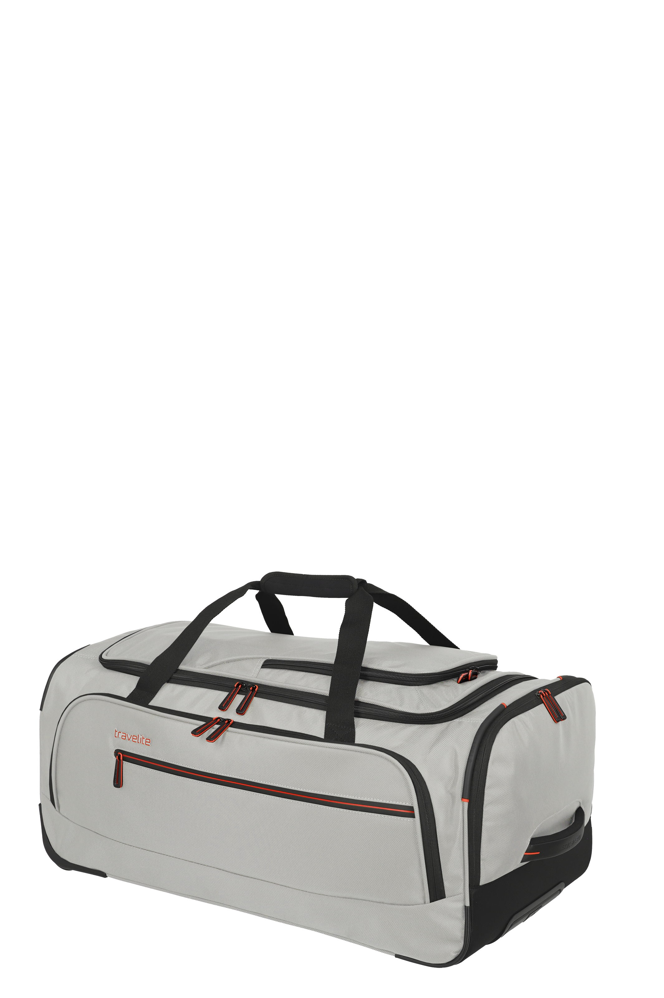 Travelite Reisetasche in hellgrau mit schwarzen und roten Reißverschlüssen, großes Hauptfach und Tragegriff