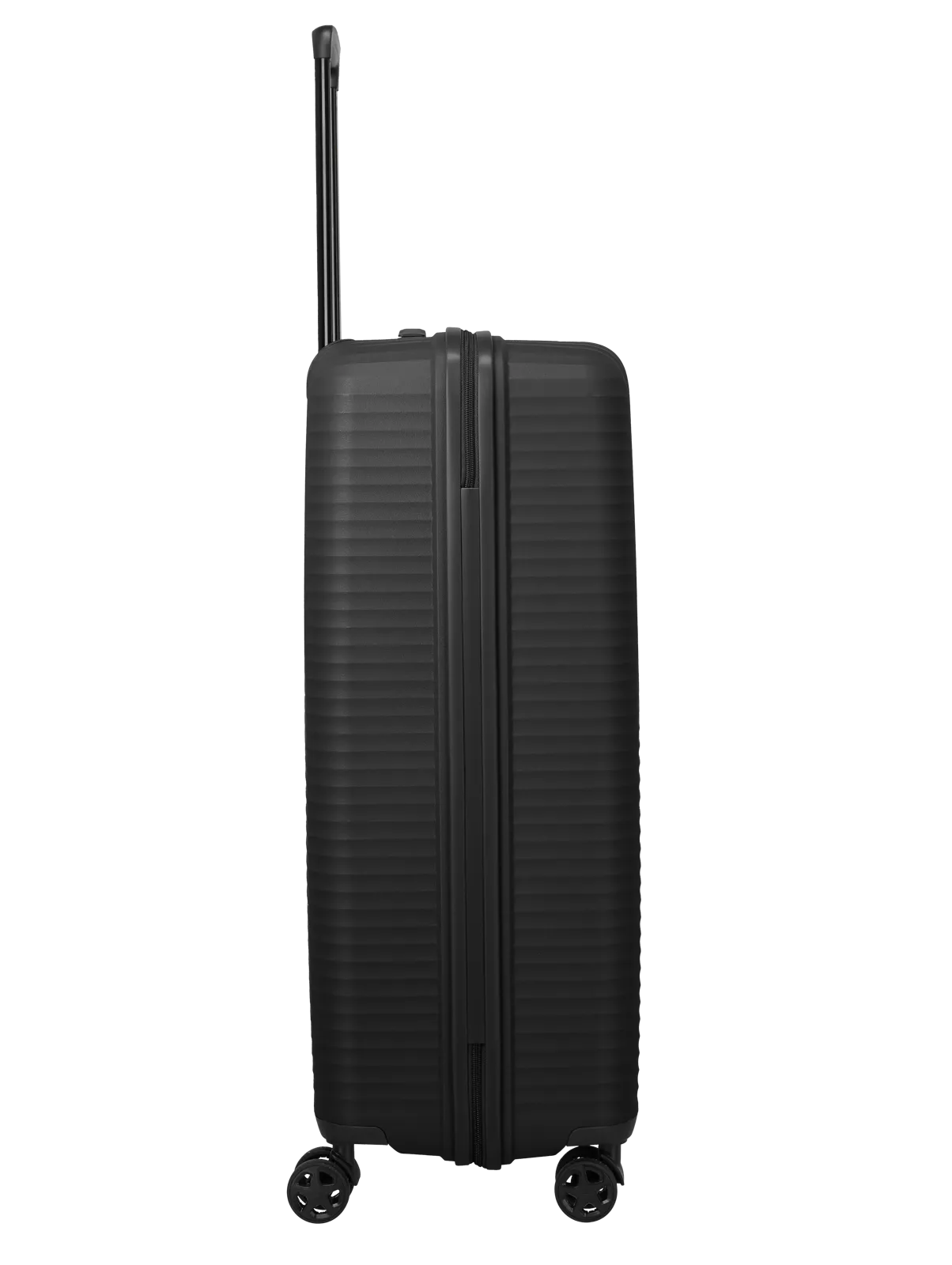 Schwarzer Hartschalenkoffer mit vier Rollen und Teleskopgriff – seitliche Ansicht