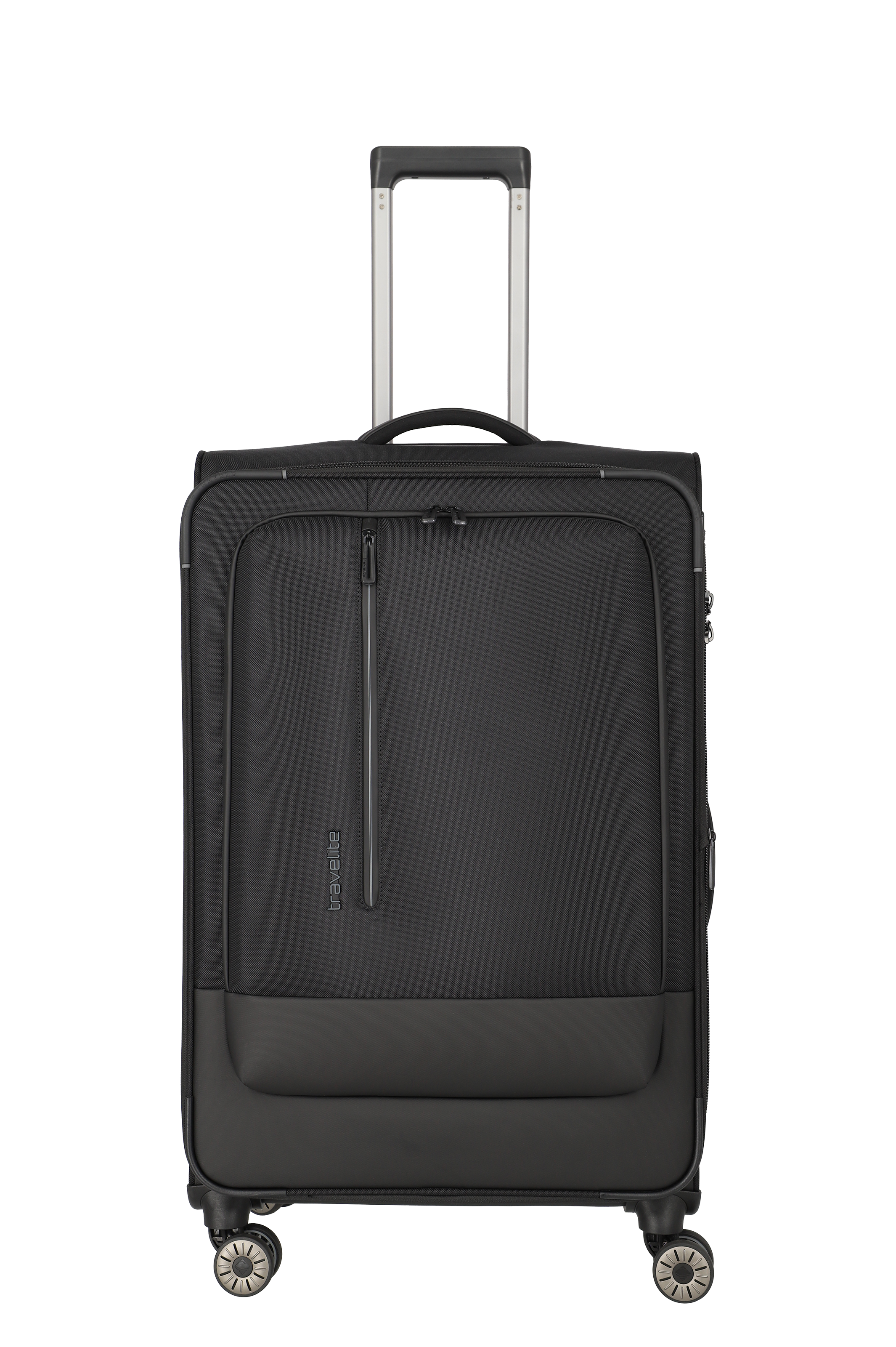 Travelite Weichgepäck-Trolley in Schwarz mit vier Rollen und Fronttasche Schwarzer Travelite Koffer aus Stoff mit vier Rollen, Teleskopgriff und Frontfach