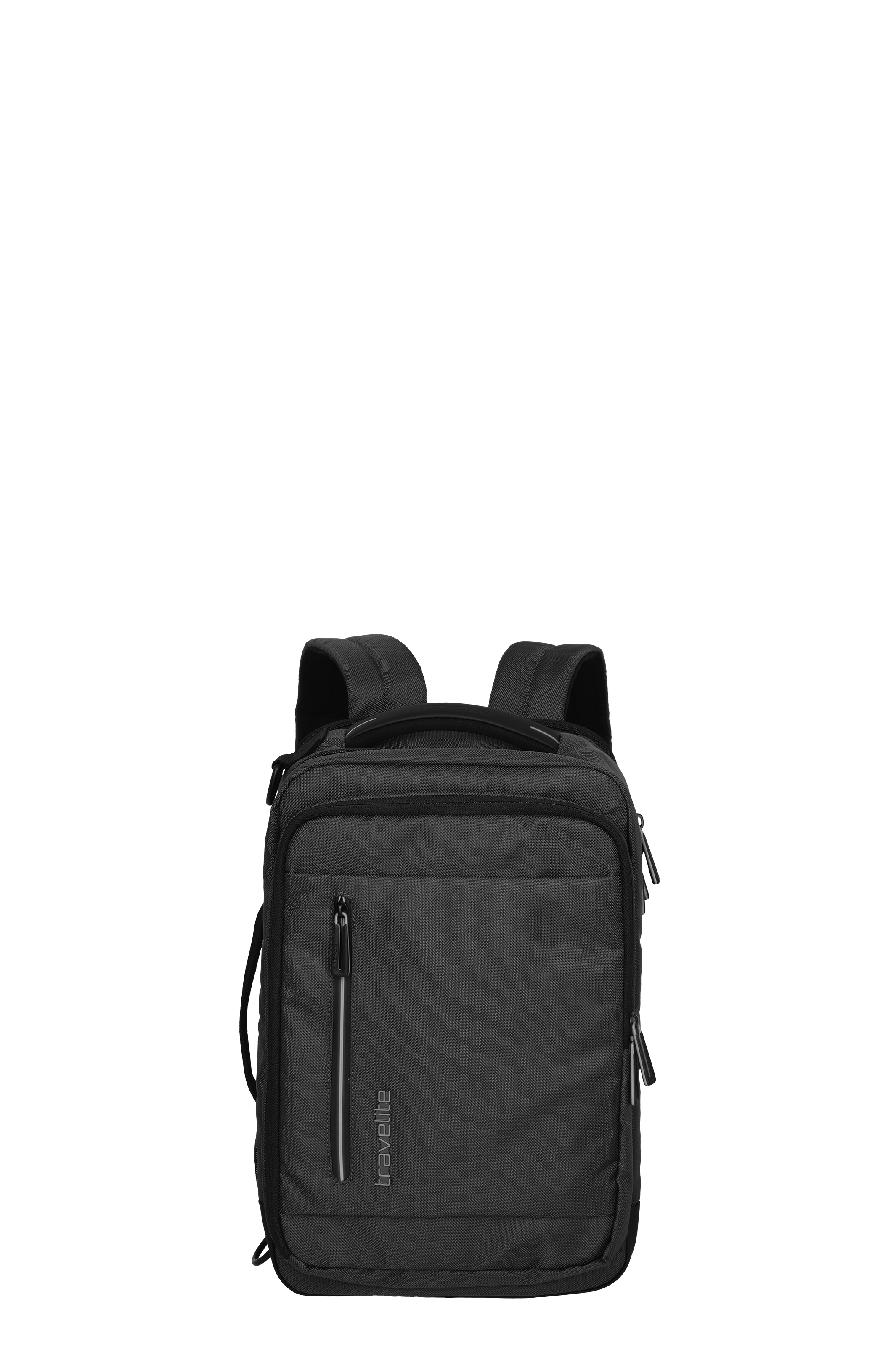 Schwarzer Travelite Rucksack, kompakt mit Frontfach und Reißverschluss, ideal für Alltag und Reisen
