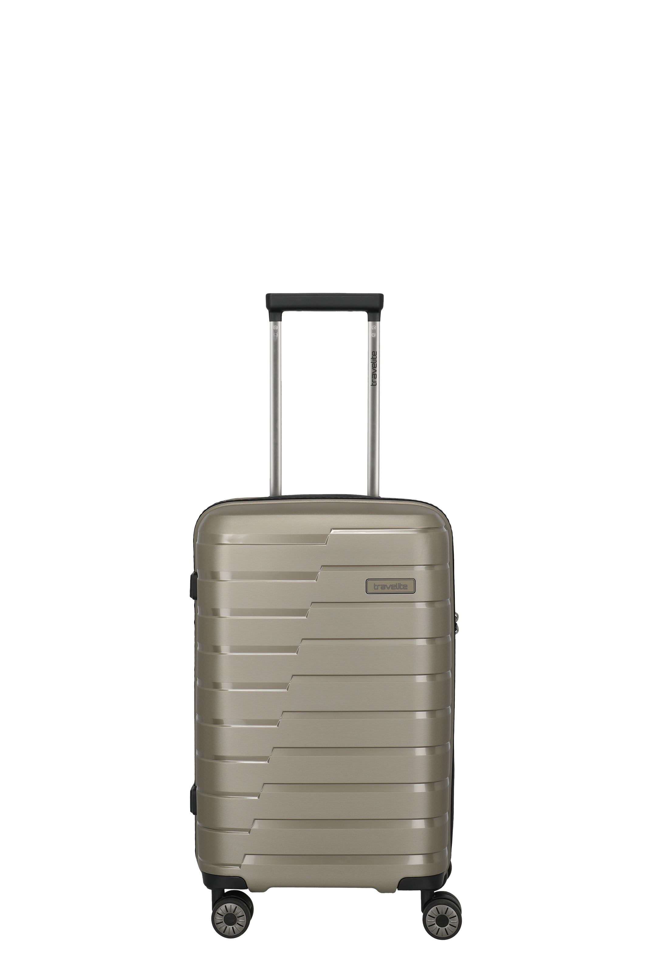 A standing, light brown TRAVELITE Trolley S Slim with a silver-coloured telescopic handle and four black wheels is positioned in the centre against a black background. The case is structured with horizontal, slightly offset lines.