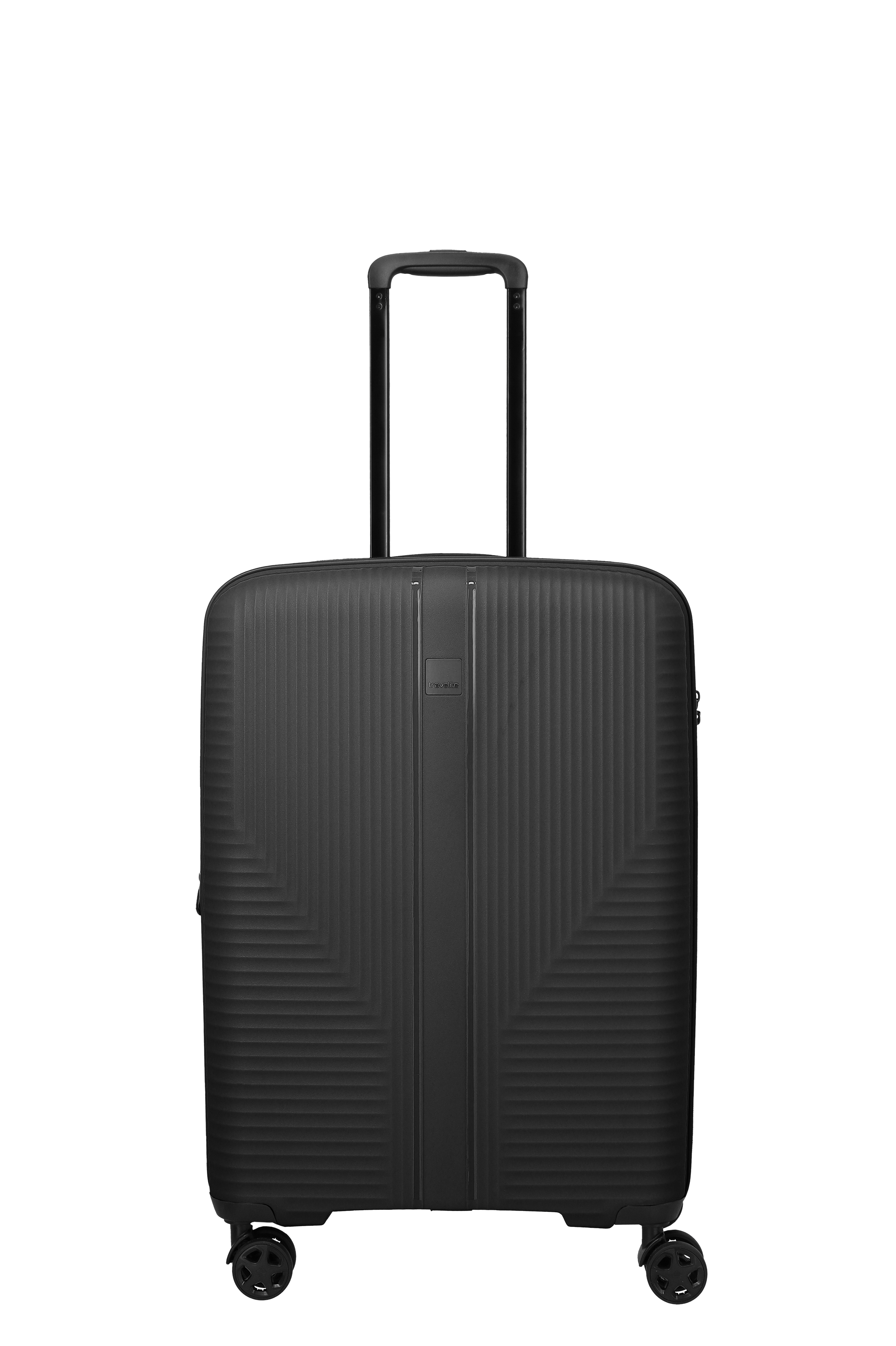 Een zwarte TRAVELITE koffer (maat S) staat op vier wielen, de telescopische handgreep is uitgeschoven. Het oppervlak van de koffer heeft een horizontaal, lineair patroon met een repeterend vierkant patroon in de hoeken.