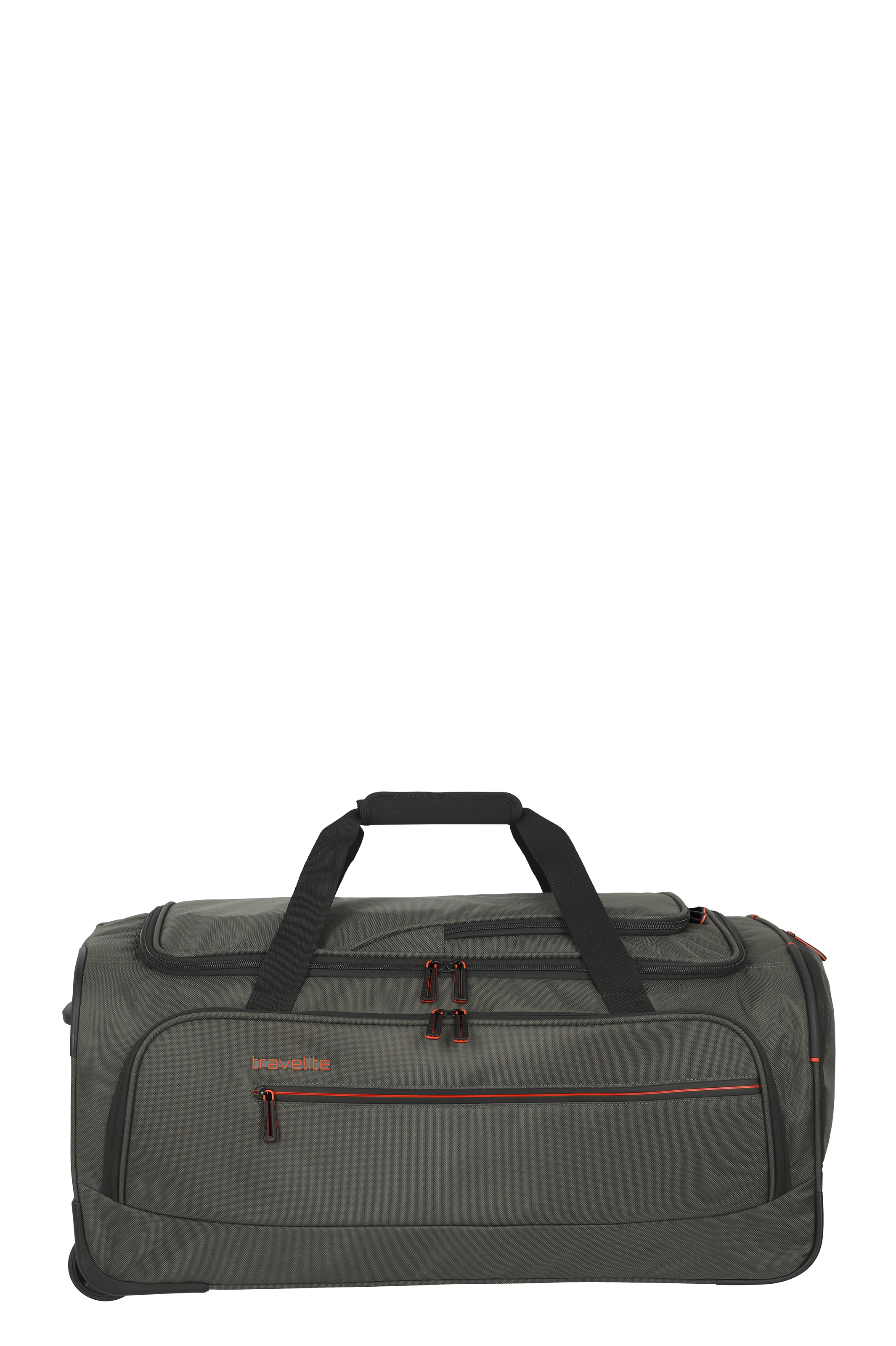 Travelite Reisetasche in Grau mit schwarzen Tragegriffen und roten Reißverschlüssen, geräumig und robust