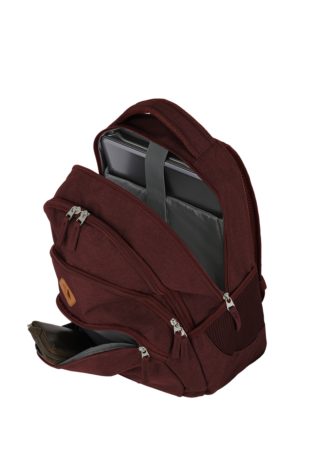 Roter Laptop-Rucksack mit mehreren Fächern und Reißverschlüssen