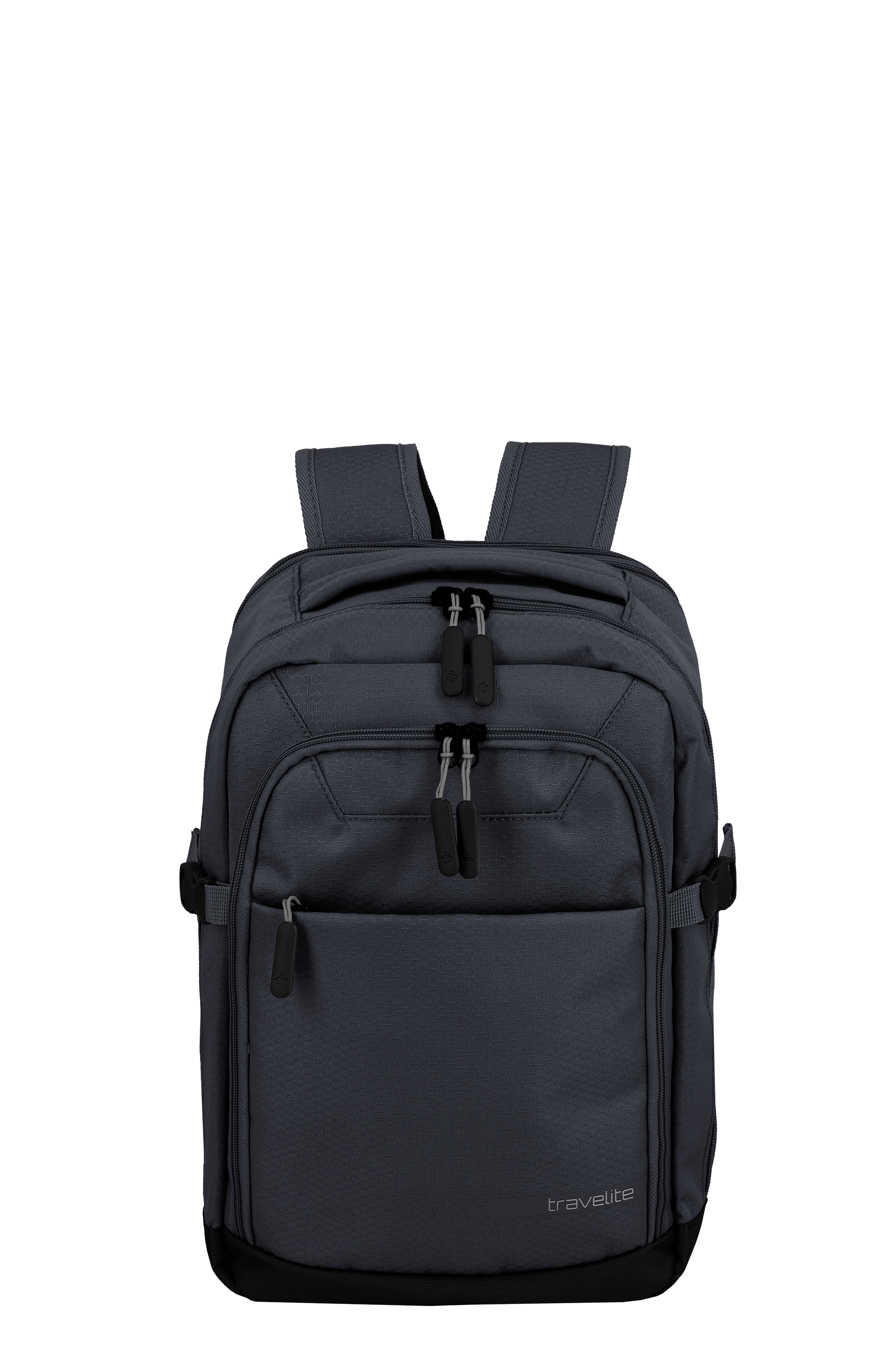 Zaino TRAVELITE grigio scuro con diversi scomparti e cerniere su sfondo nero. Le cinghie di trasporto sono visibili nella parte superiore. Il logo TRAVELITE è applicato con discrezione in basso a destra.