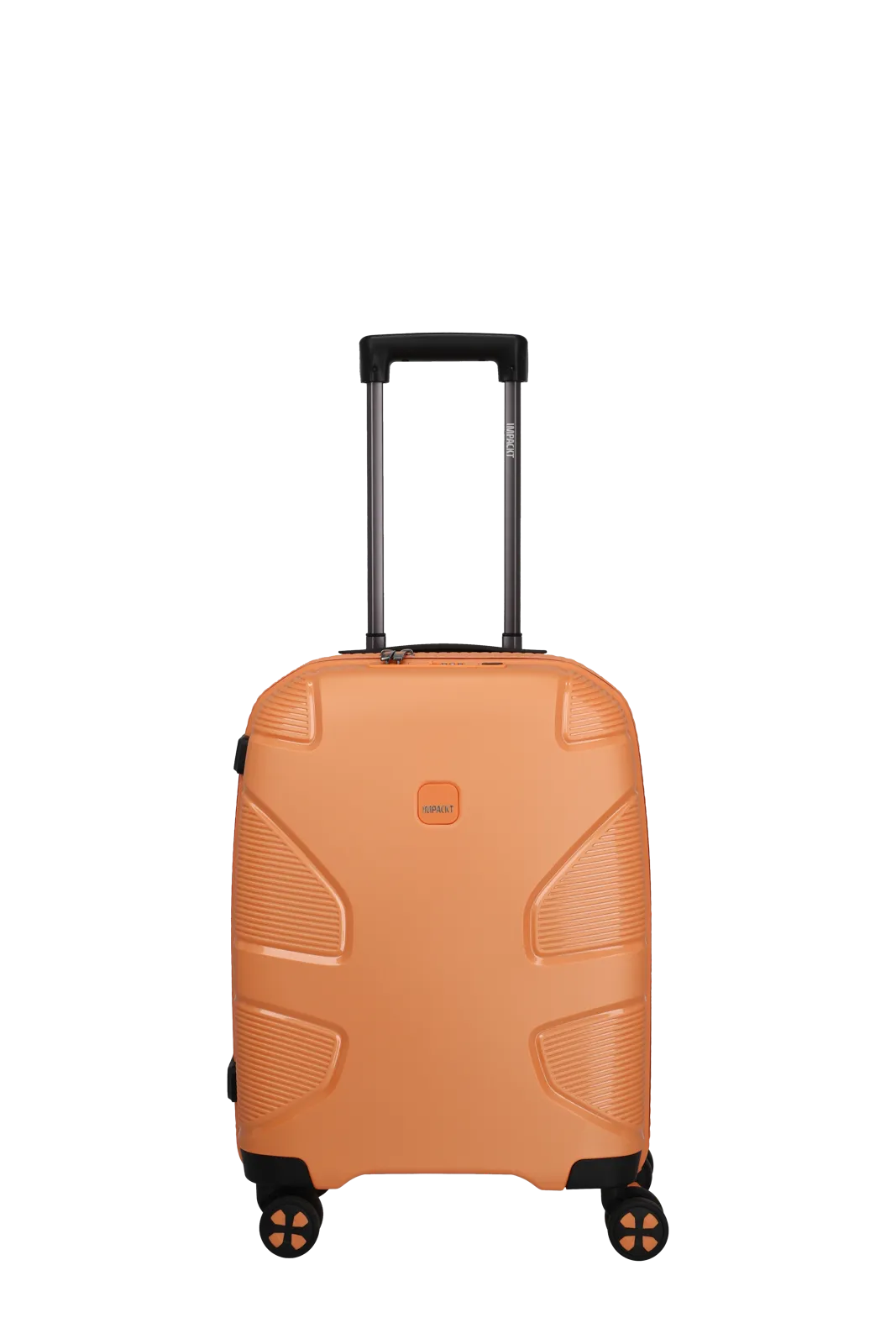 Front view of the orange-coloured IP1 suitcase S from IMPACKT. The hand luggage case has an extendable handle and four wheels. The surface is textured and bears the IMPACKT logo. The background is black.