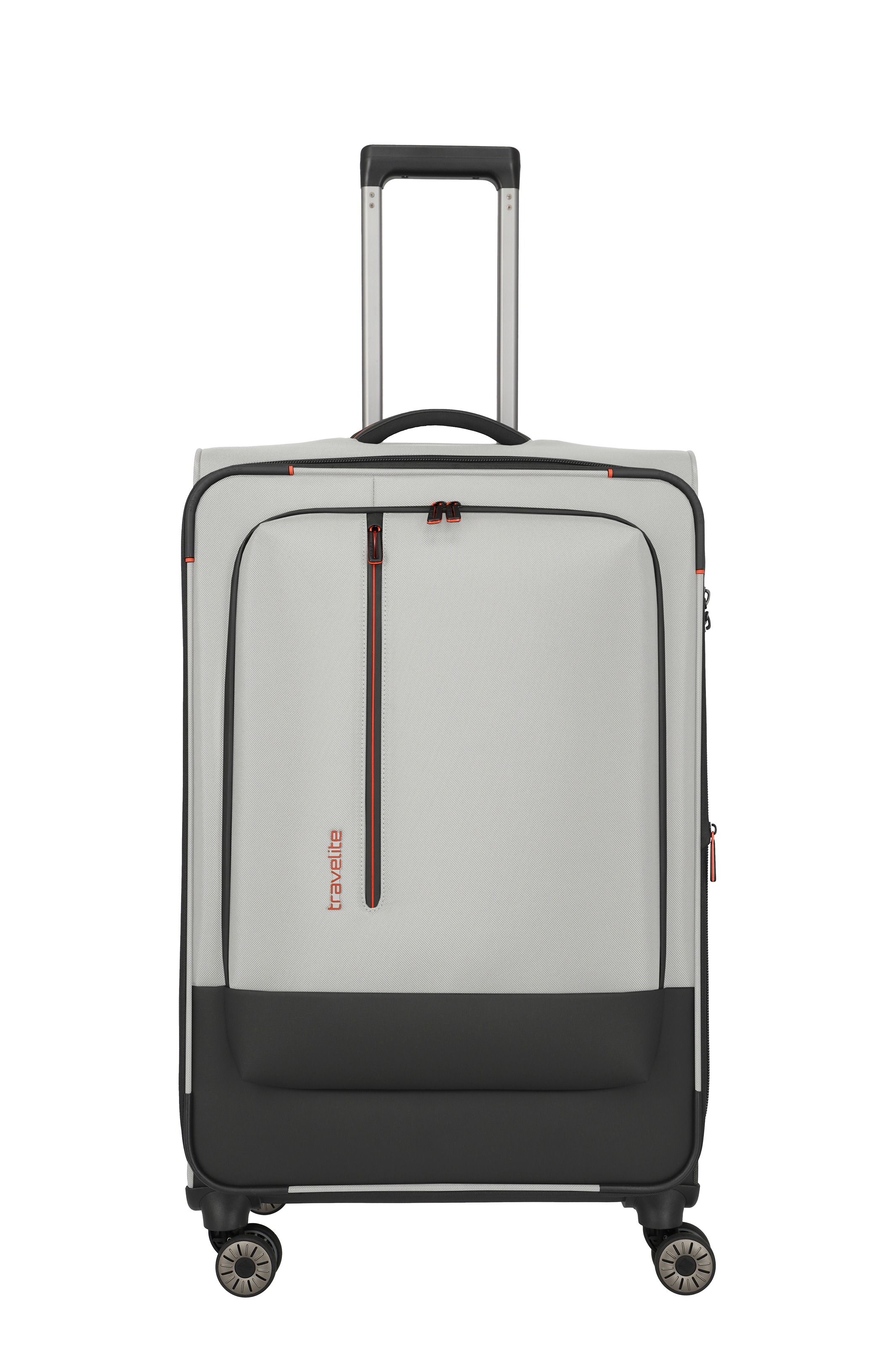 Moderner, grauer Reisekoffer mit Rollen und Teleskopgriff von Travelite – ideal für Urlaubs- und Geschäftsreisen Vorderansicht eines grauen Travelite-Koffers mit vier Rollen, Teleskopgriff und Fronttasche, geeignet als Reisegepäck
