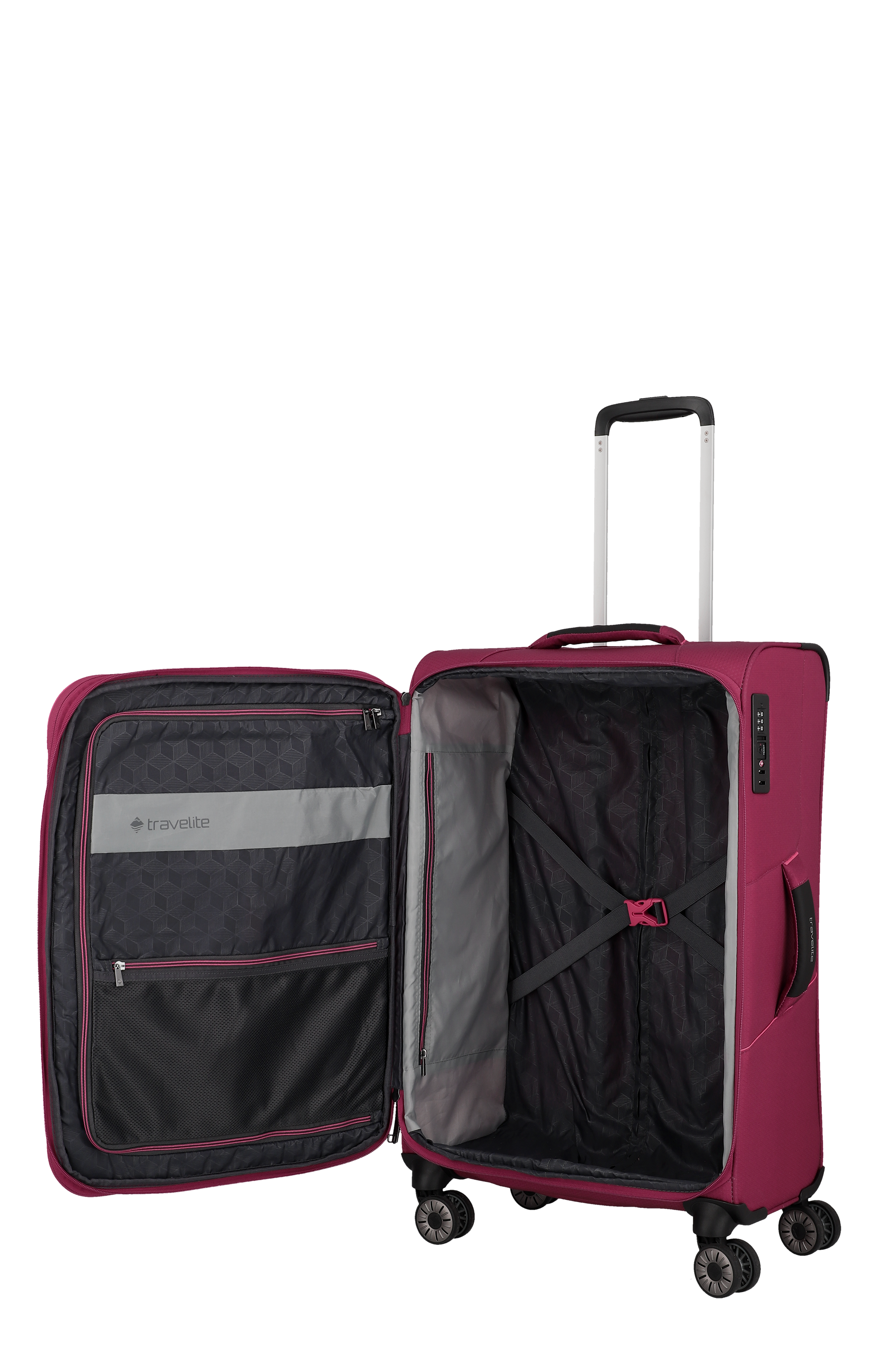 Bordeauxfarbener Weichschalen-Trolley mit vier Rollen und offenem Innenraum, Modell von Travelite