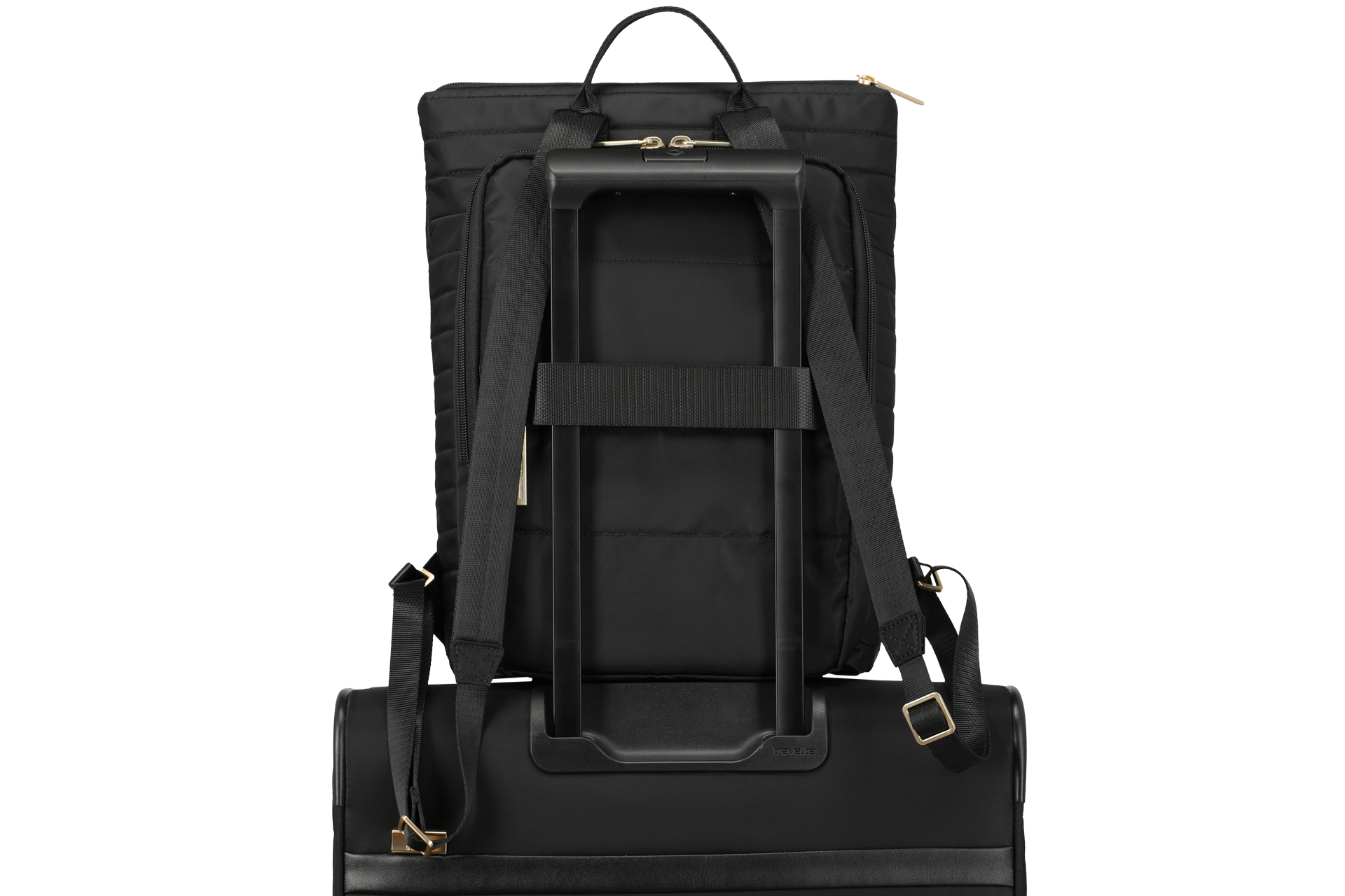 Rucksack auf einem Trolley befestigt, Rückansicht, schwarze Farbe, ideal für Reisen Schwarzer Rucksack, sicher an einem Trolley befestigt, Rückseite, praktische Reisekombination