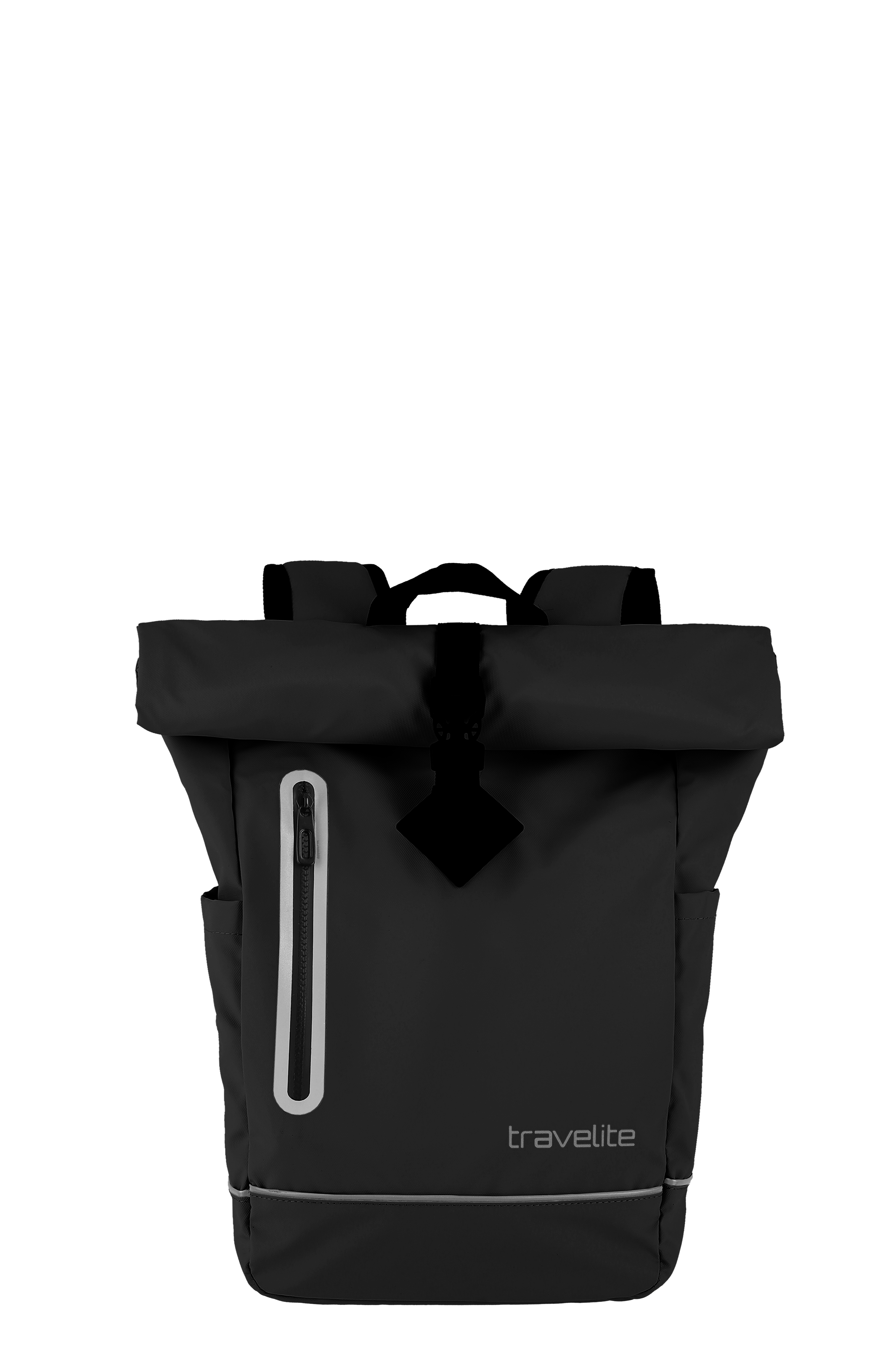 Sac à dos noir pour rollup de TRAVELITE. La partie supérieure est enroulée et sécurisée. Une poche verticale zippée à l'avant. Le logo de la marque imprimé en bas à droite. Une fine ligne réfléchissante se trouve en dessous.