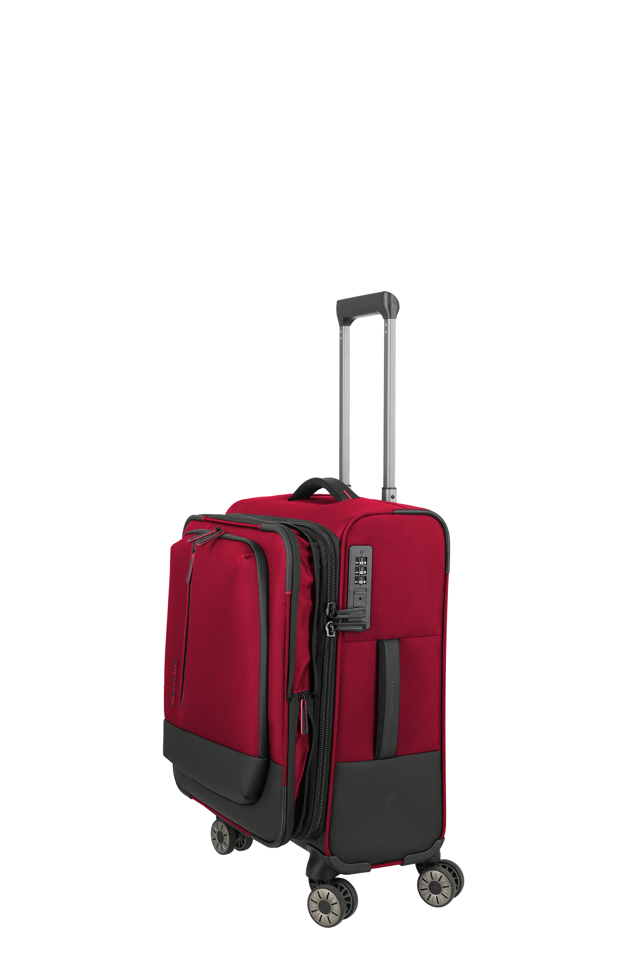 Roter Trolley-Koffer mit vier Rollen und Teleskopgriff – ideal als Handgepäck