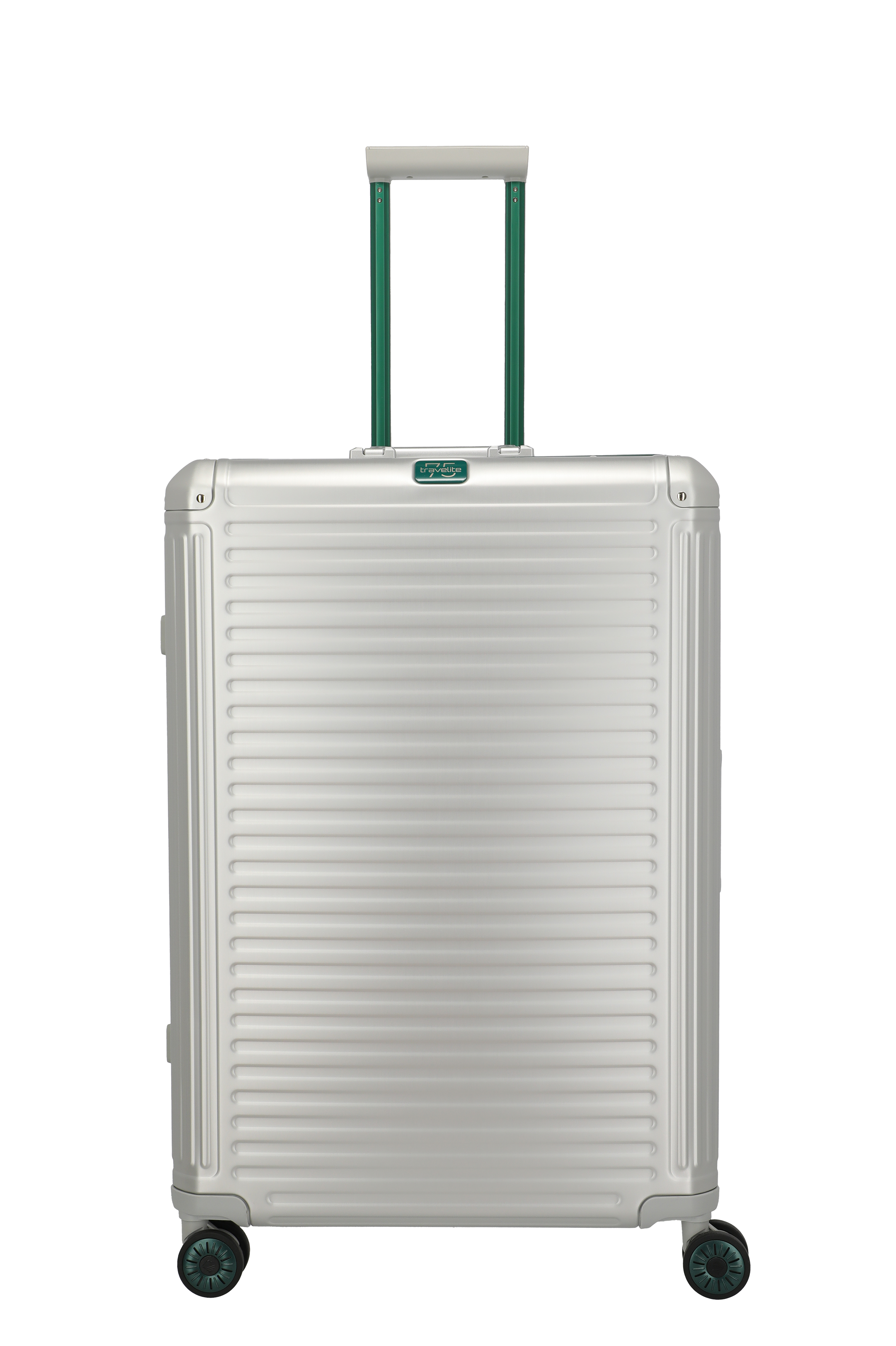 Stabiler silberner Hartschalenkoffer mit Teleskopgriff und vier Rollen für komfortables Reisen Moderner silberner Hartschalenkoffer mit grünem Teleskopgriff und vier leichtlaufenden Rollen, ideal für Fernreisen