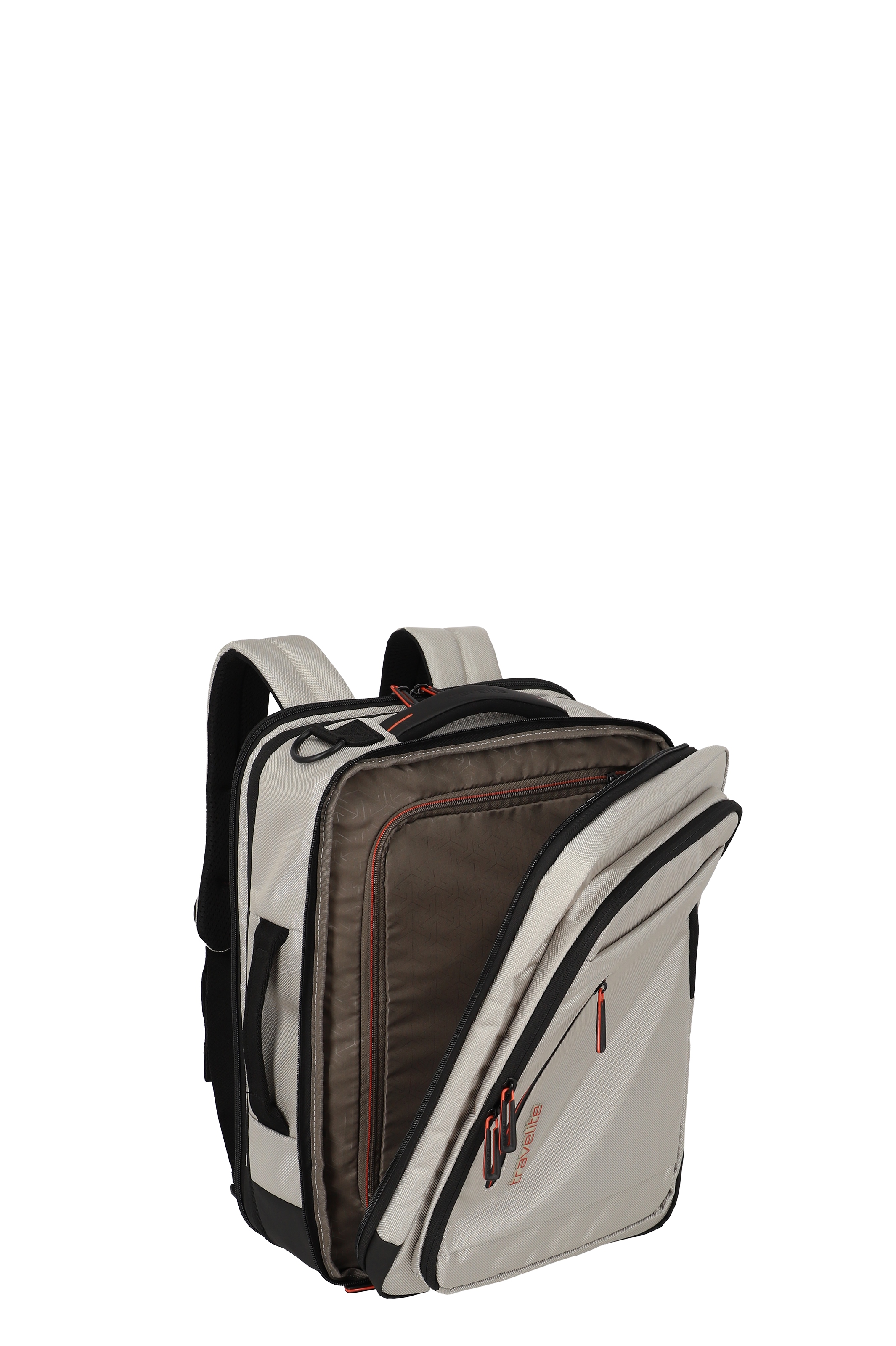 Moderner Rucksack in Beige mit mehreren Fächern und stilvollen Reißverschlüssen