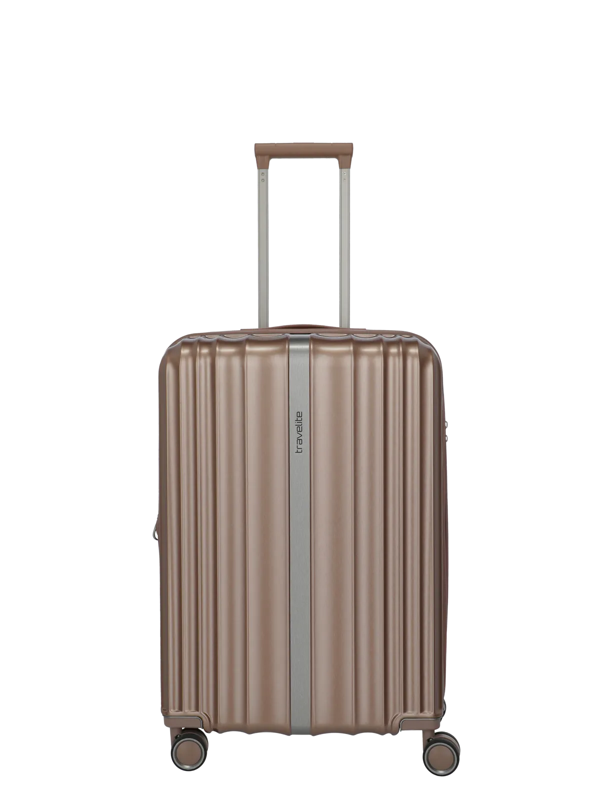 Stilvoller Hartschalenkoffer in Bronze mit vier Rollen und Teleskopgriff – travelite Koffer Moderner, bronzefarbener Hartschalenkoffer von travelite mit vier Rollen und Teleskopgriff, ideal als Reisekoffer