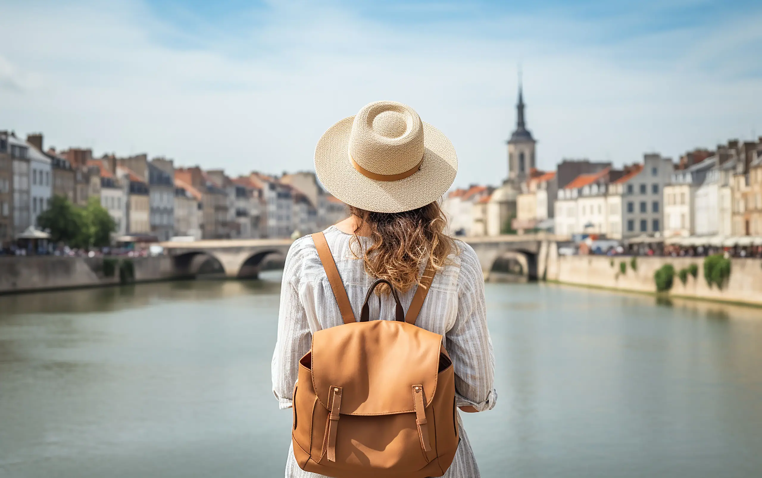 Städtetrip in Europa: Unsere 5 liebsten Reiseziele Eine Frau steht mit einem RUcksack vor einem Stadtpanorama