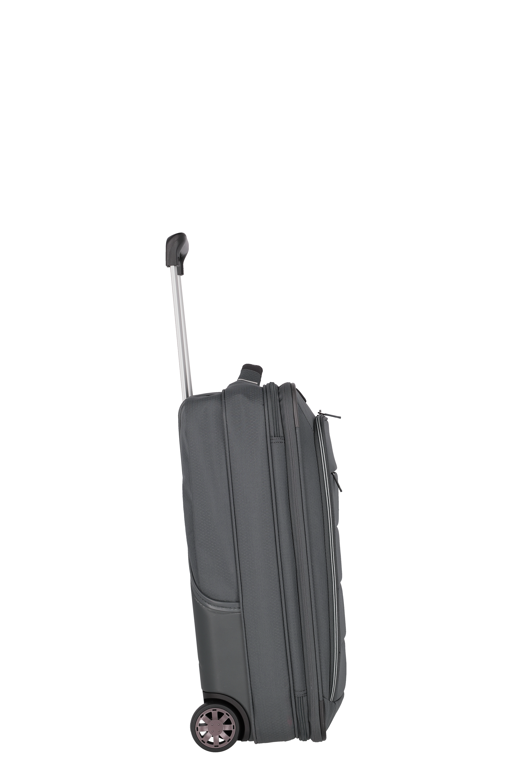 Grauer Trolley-Reisekoffer mit ausziehbarem Griff und zwei Rollen, Seitenansicht