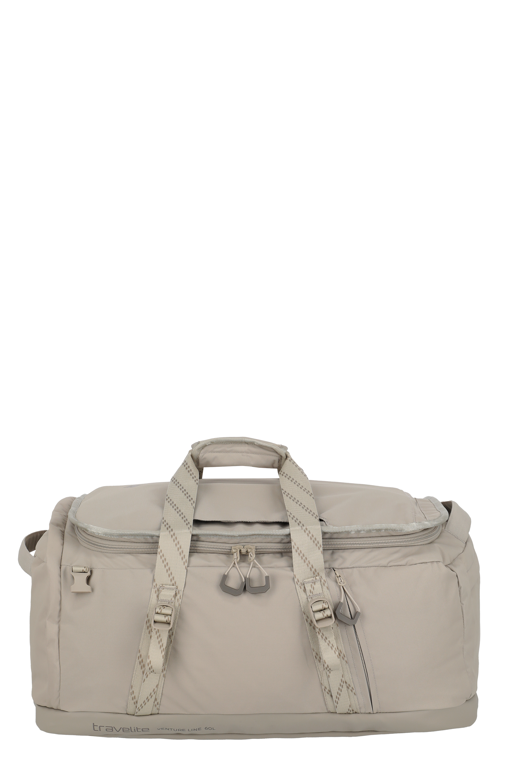 A light beige travel bag from Travelite, model Venture Line 60L, with carrying handles and zip at the top, stands against a black background. The bag has carrying straps with buckles and grey zip tags.