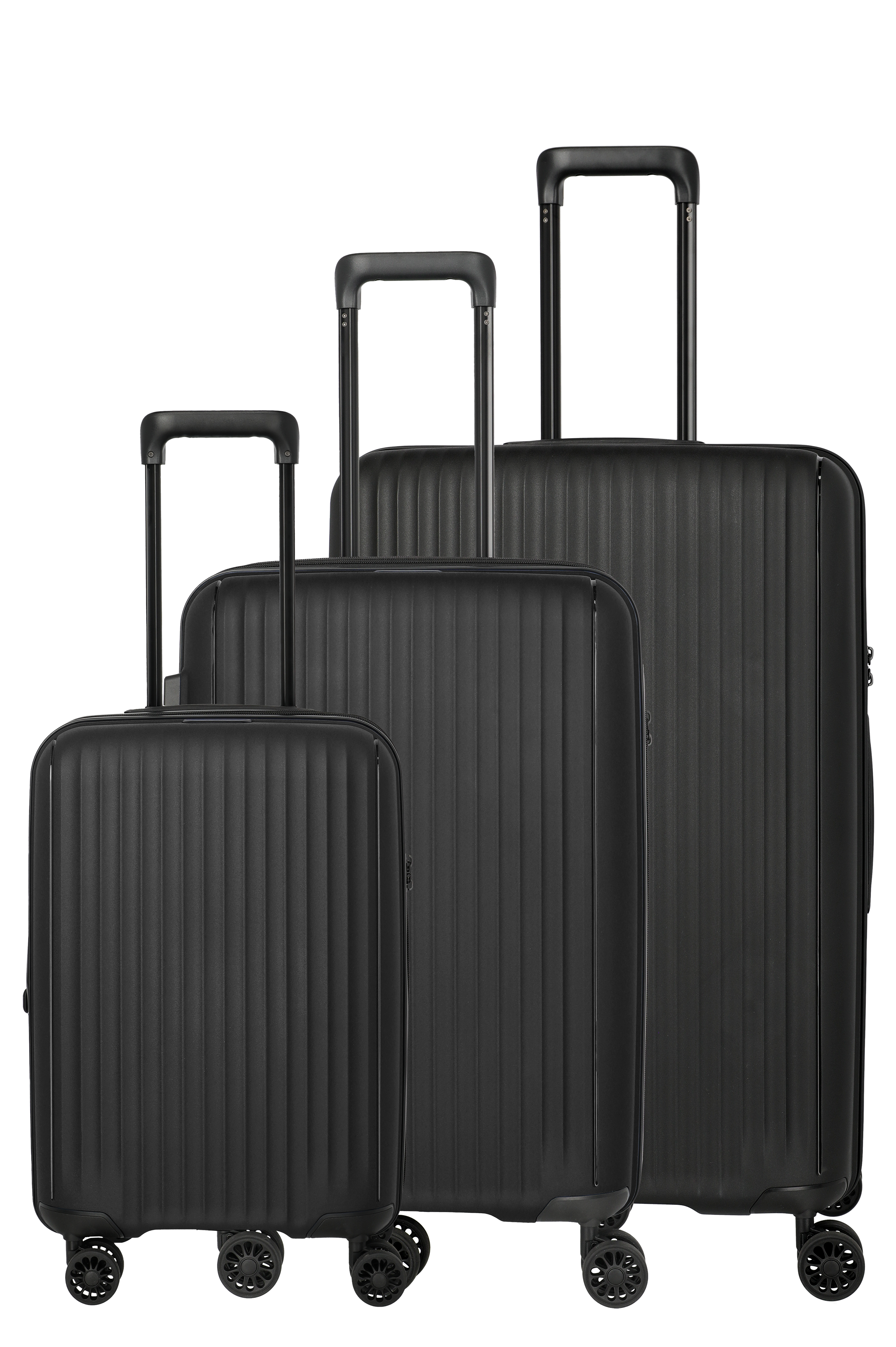 Three black, ribbed trolley cases in different sizes stand against a black background. Each has an extendable handle and four double wheels. The cases are arranged in a row, the smallest on the left and the largest on the right.
