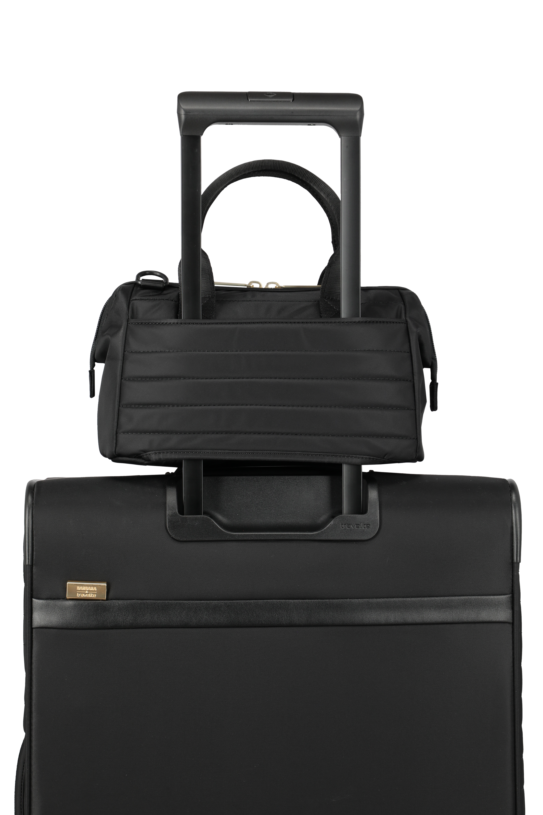 Robuster schwarzer Trolley mit passender Handgepäcktasche, ideal für sicheres und komfortables Reisen